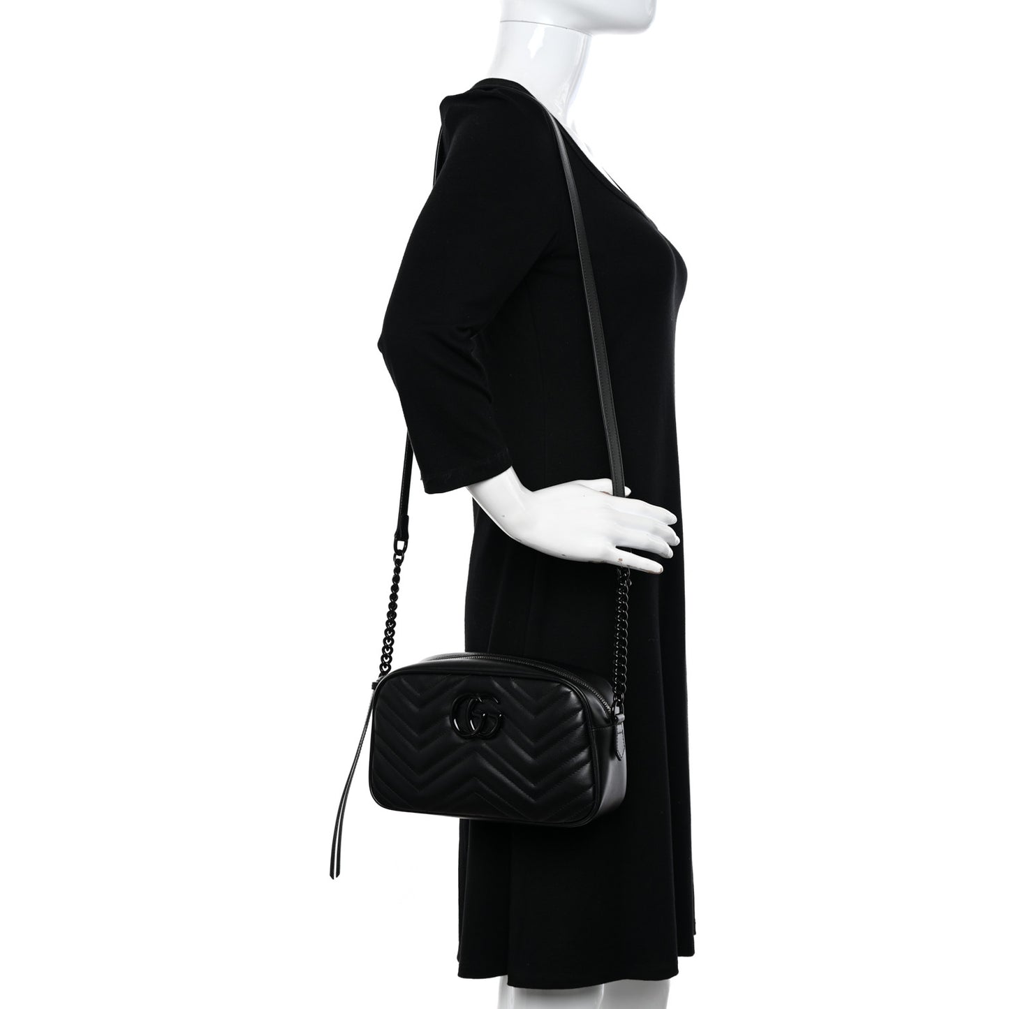 Calfskin Matelasse Monochrome Small GG Marmont Chain Shoulder Bag Black