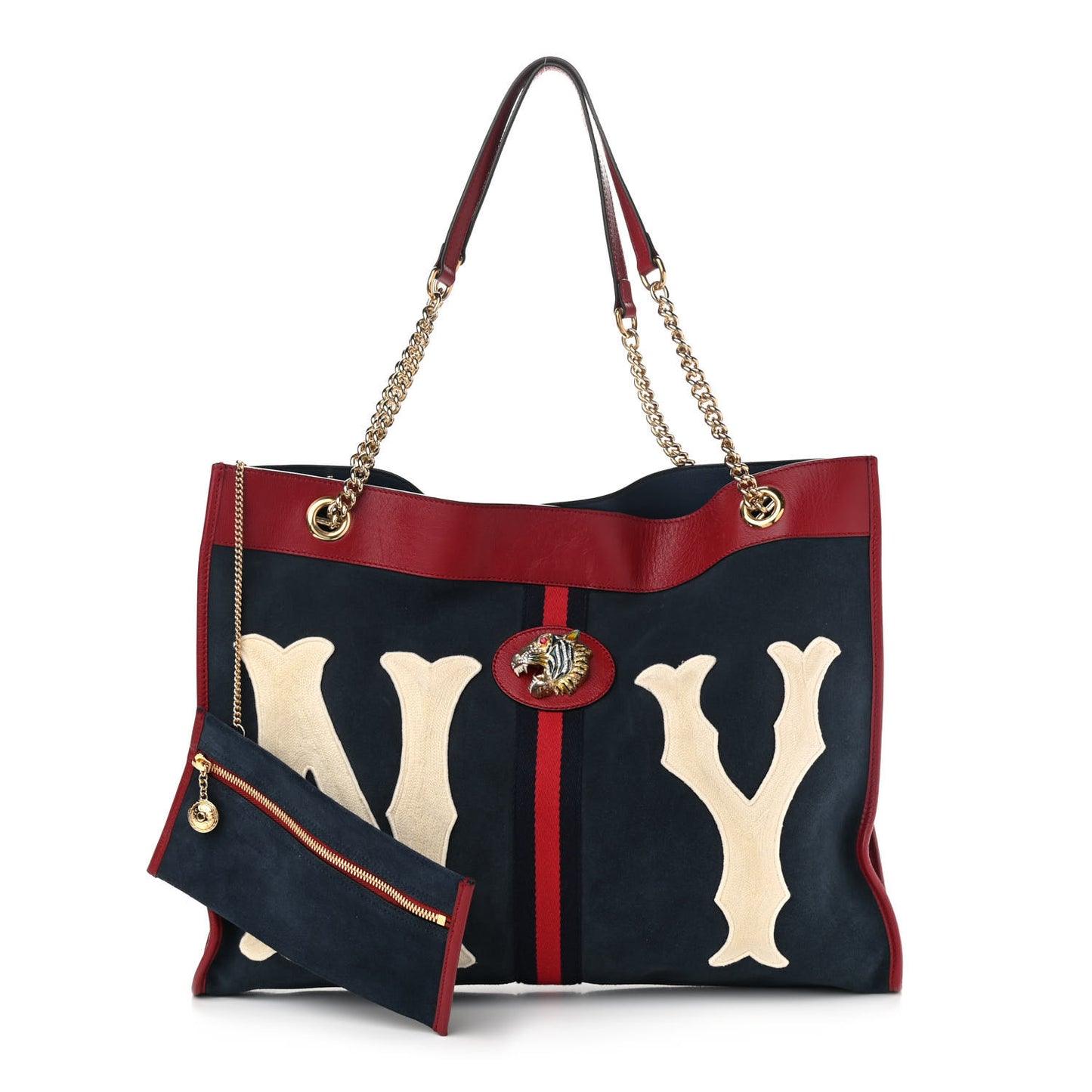 X MLB Suede Calfskin NY Yankees Large Rajah Chain Tote New Blue Romantic Cherry