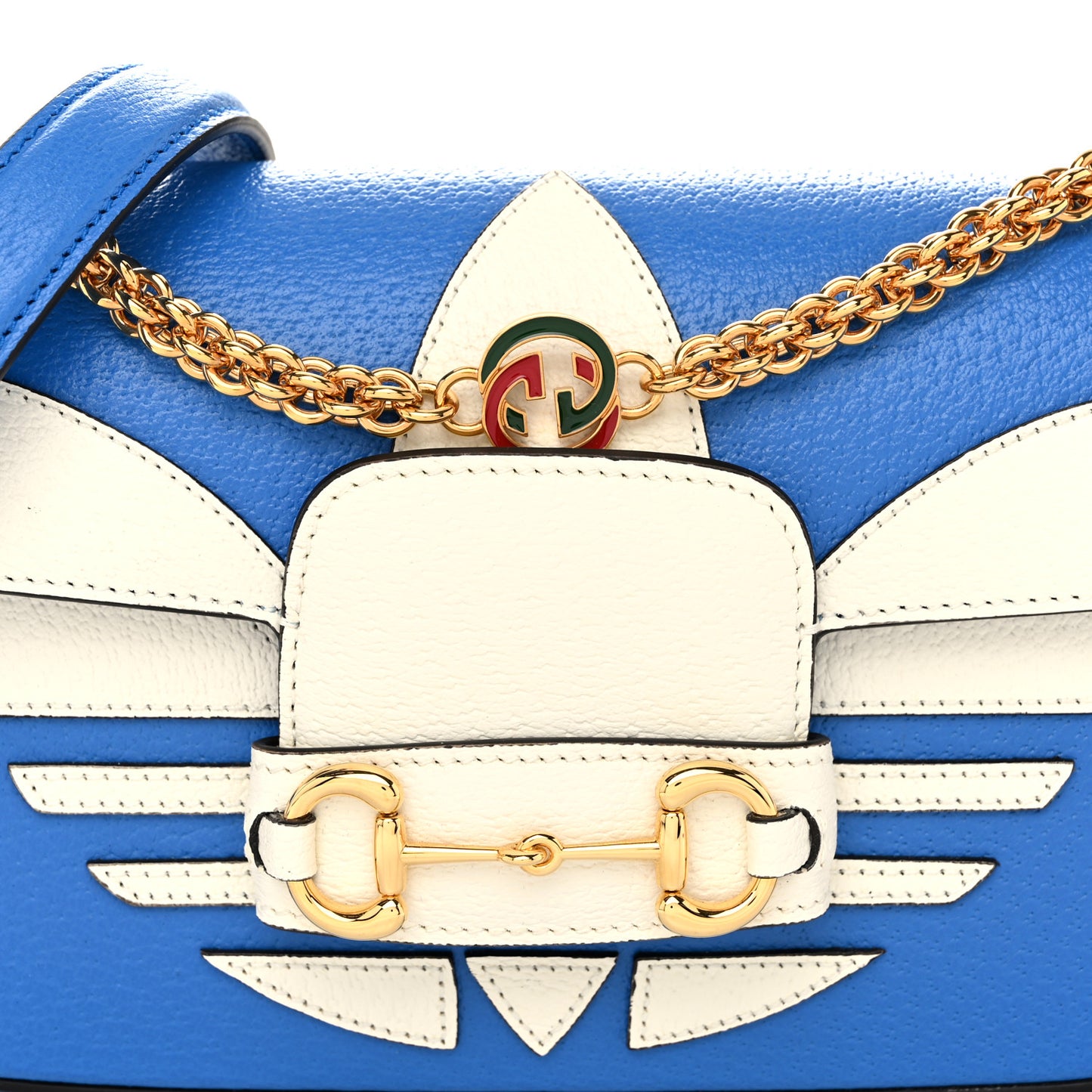X ADIDAS Textured Dollar Calfskin Web Small Trefoil Horsebit 1955 Shoulder Bag Blue Off White