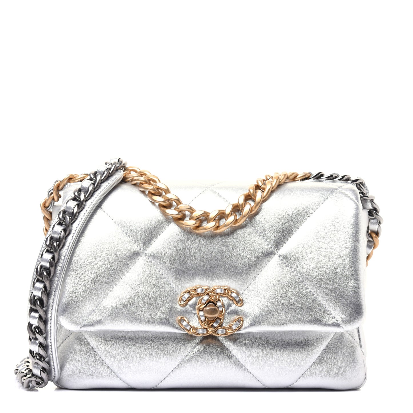 Metallic Lambskin Quilted Medium Chanel 19 Flap Silver