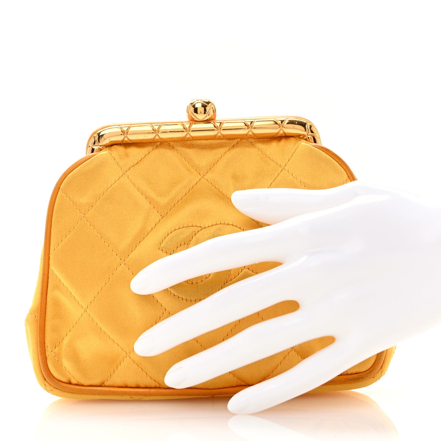 Satin Quilted CC Kiss Lock Evening Clutch Yellow