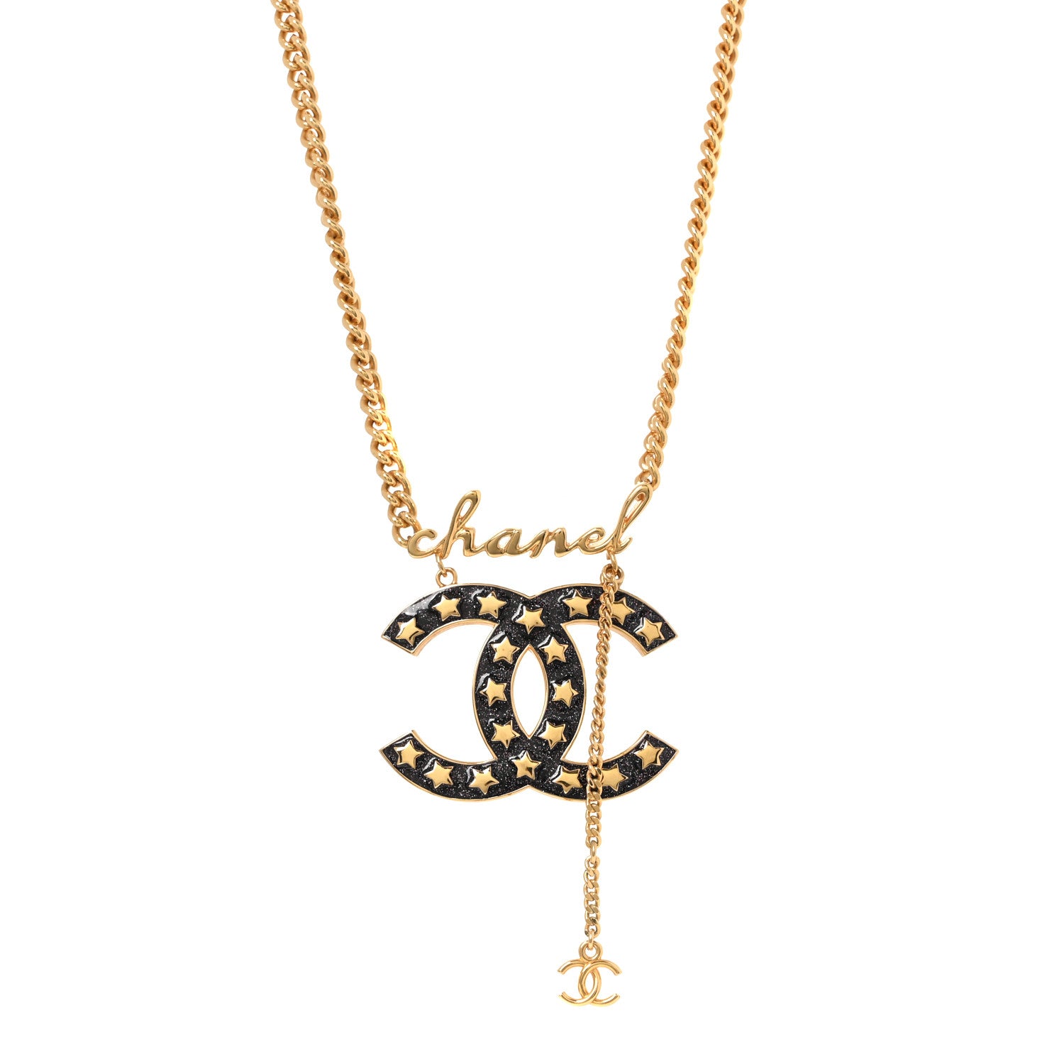 Chanel Metal Resin CC Star Chain Logo Necklace Gold Black 1886923