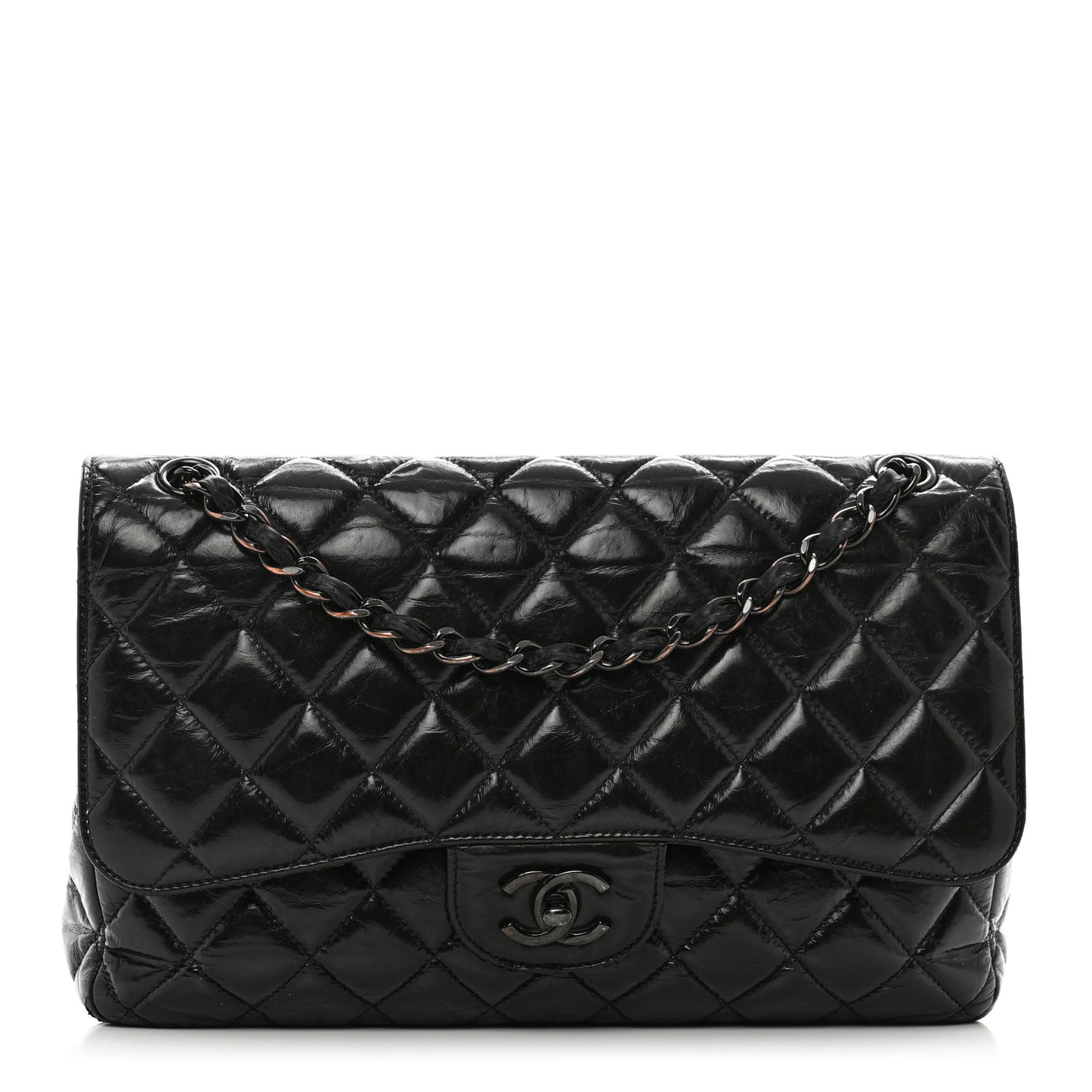 Shiny Distressed Calfskin Quilted Jumbo Double Flap So Black