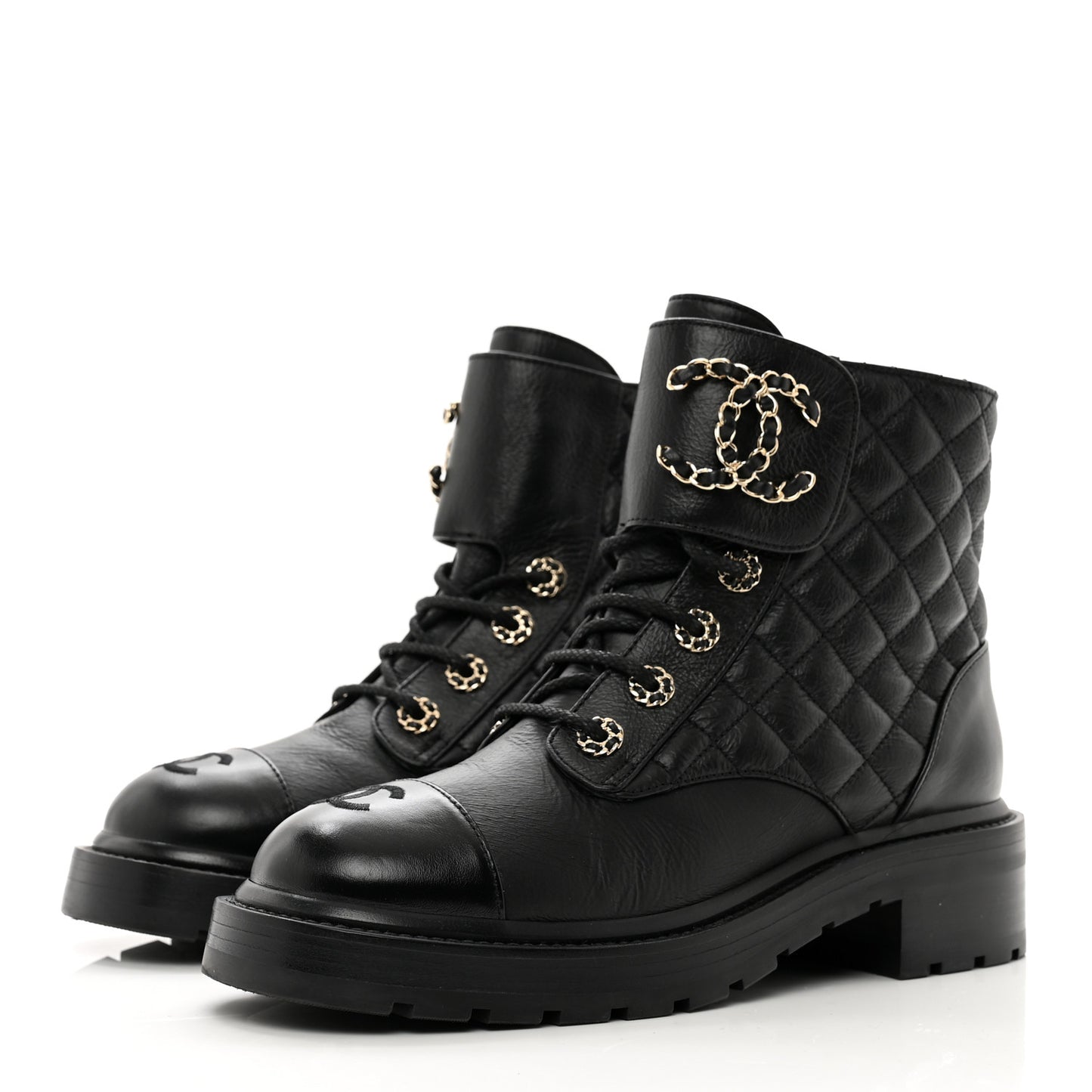 Shiny Calfskin Quilted Lace Up Combat Boots 38 Black