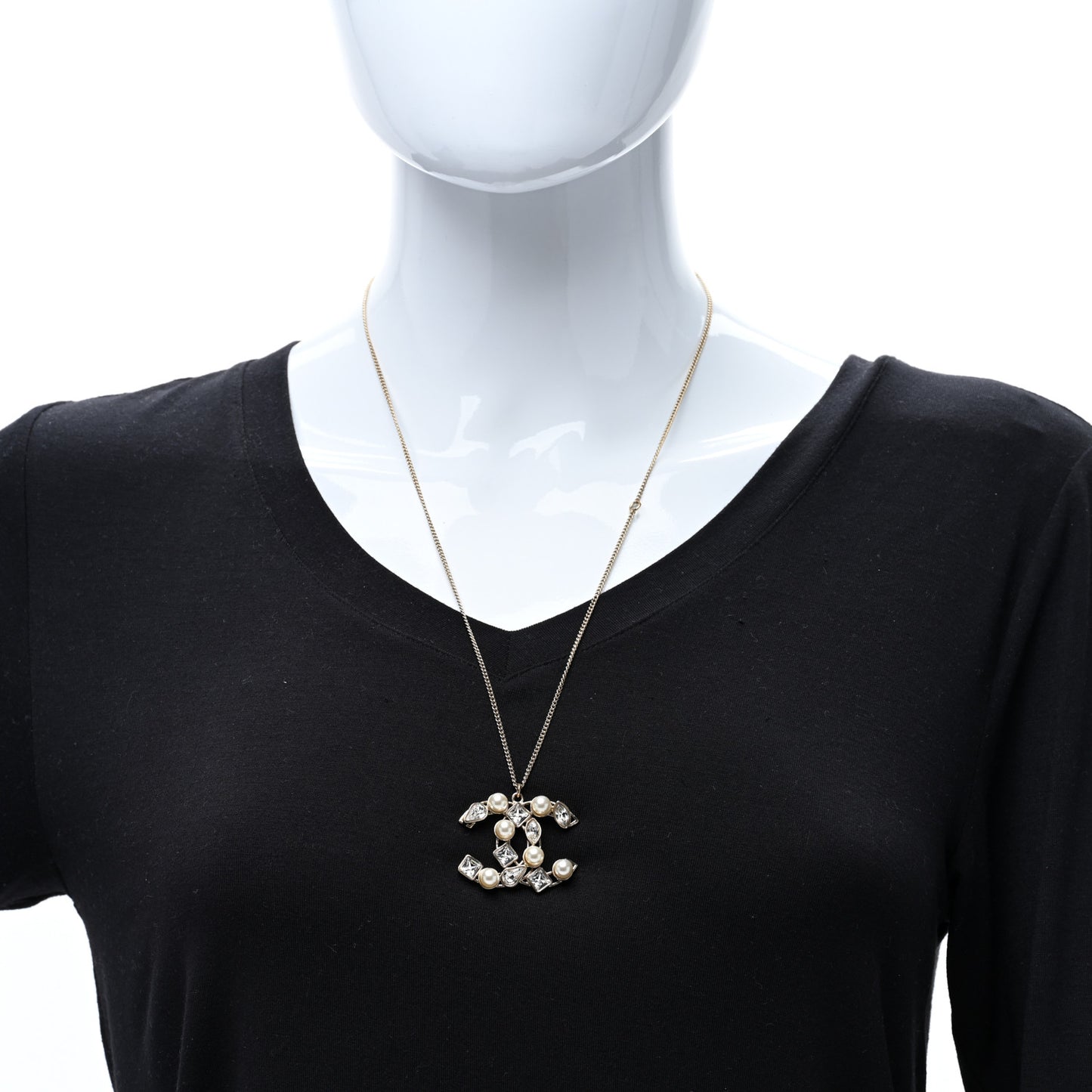 Pearl Crystal Baguette CC Pendant Necklace Gold