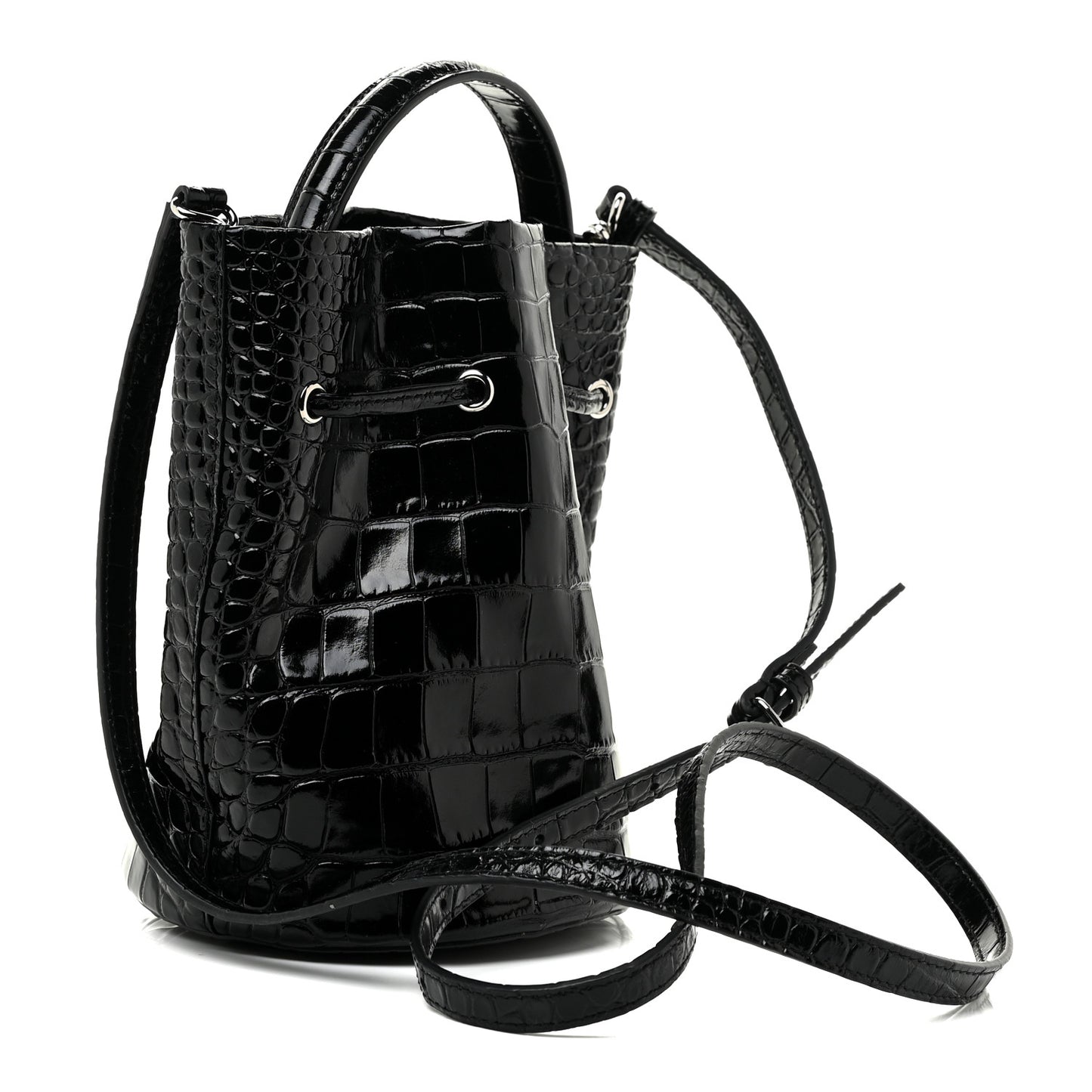 Shiny Calfskin Logo Crocodile Embossed XS Everyday Bucket Bag Black
