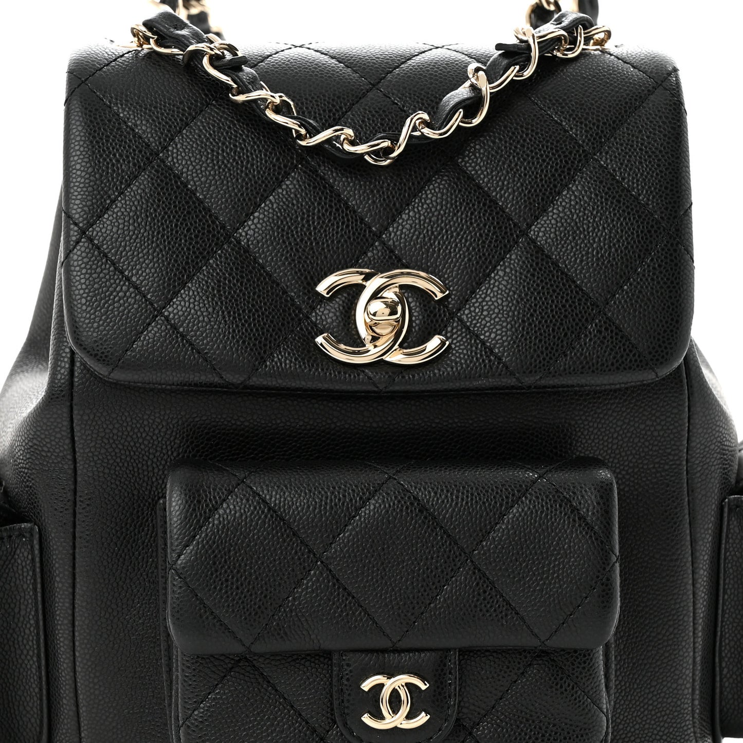 Shiny Caviar Quilted Small Pockets Drawstring Backpack Black