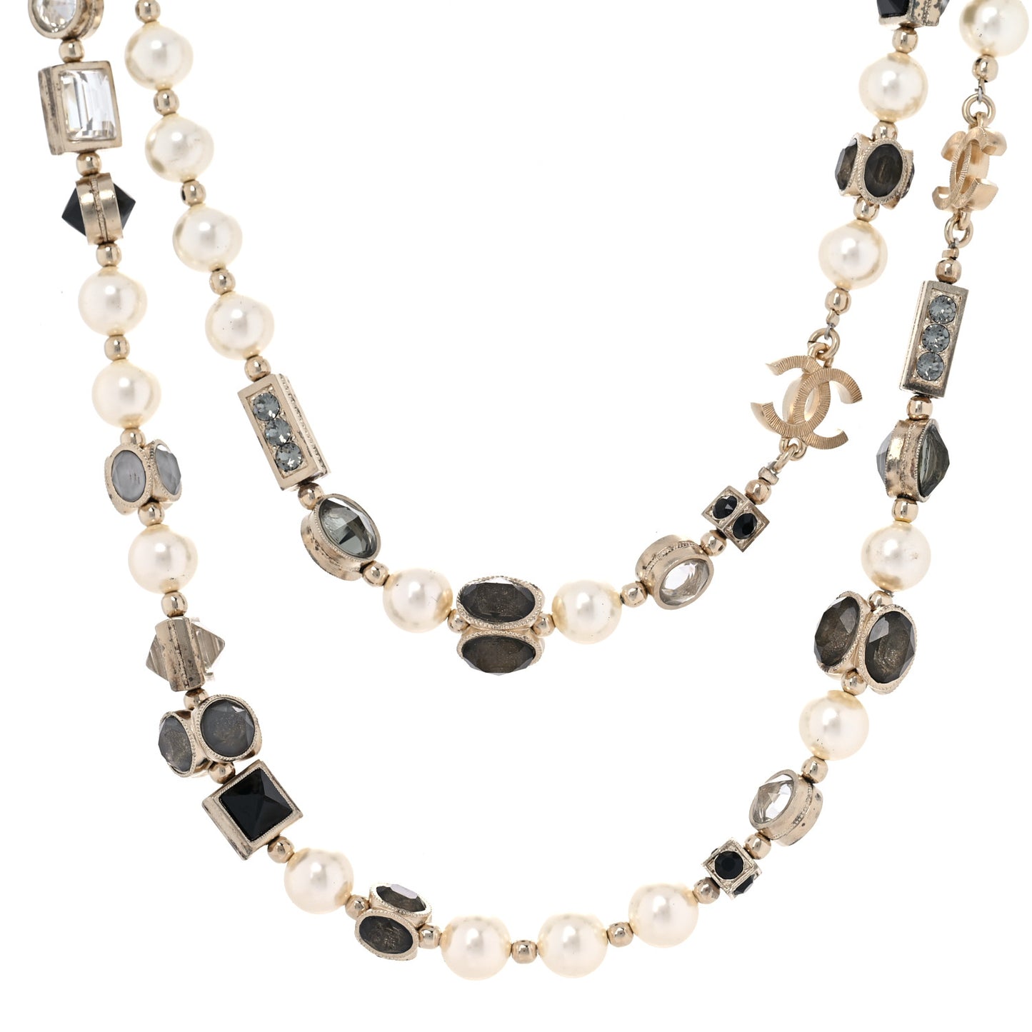 Pearl Gripoix Baguette Crystal CC Long Strand Necklace Gold