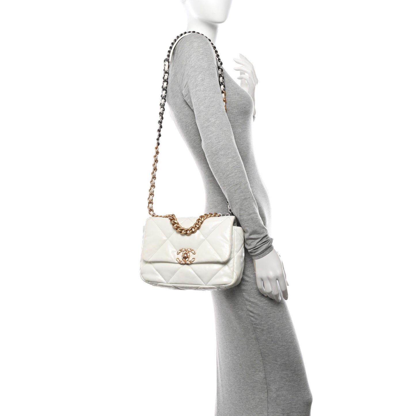 Shiny Crumpled Calfskin Quilted Medium Chanel 19 Flap White
