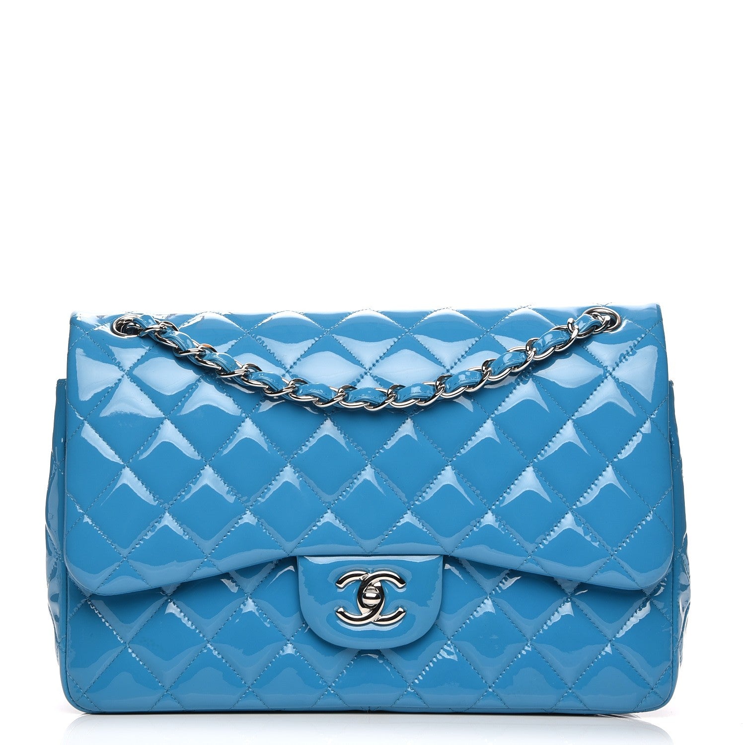Chanel Patent Calfskin Quilted Jumbo Double Flap Turquoise 208686