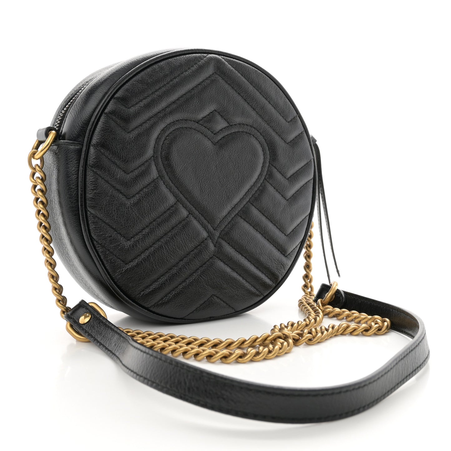 Azalea Calfskin Matelasse Heart Mini GG Marmont Round Shoulder Bag Black
