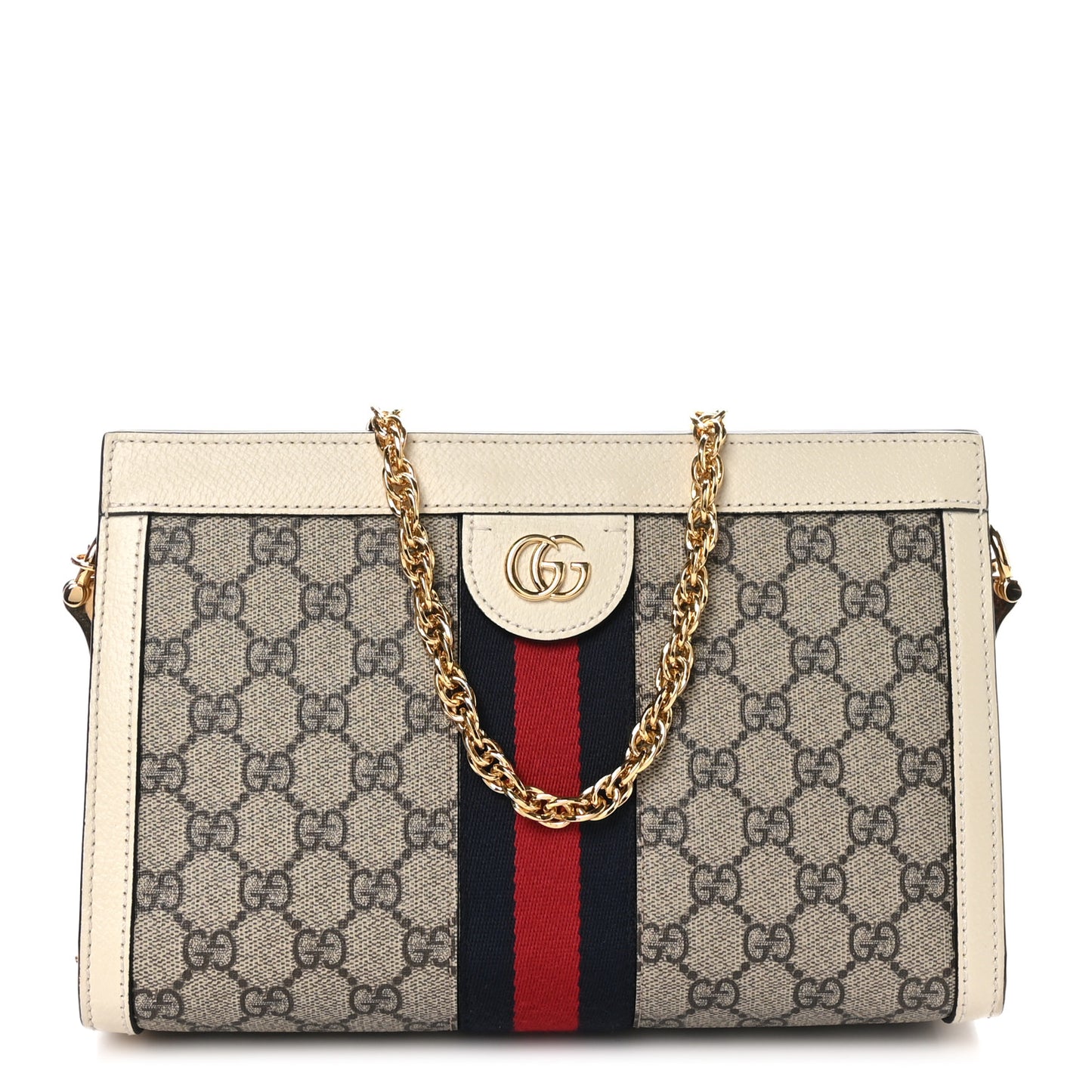 GG Supreme Monogram Textured Calfskin Web Small Ophidia Chain Shoulder Bag Beige Ebony Mystic White
