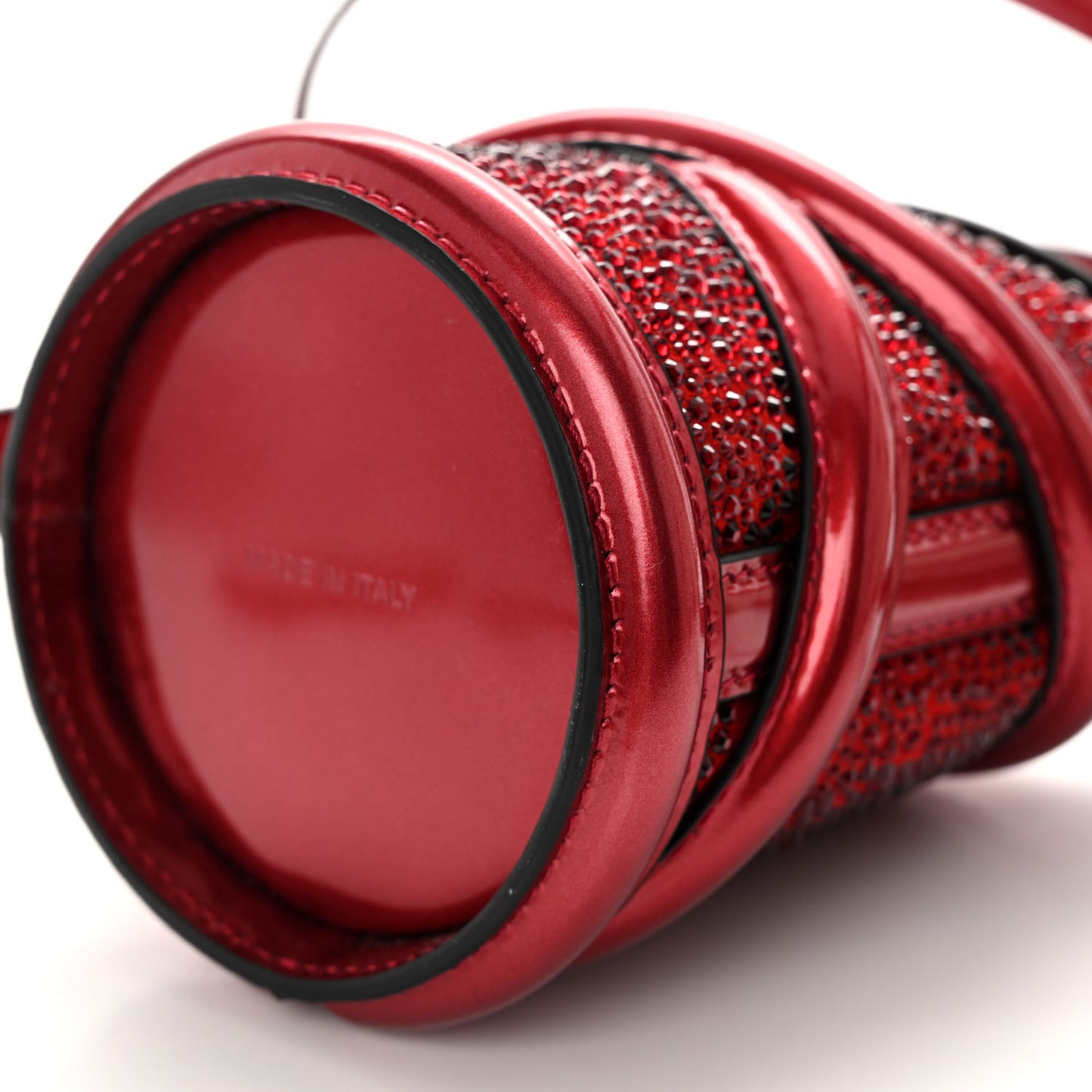 Metallic Calfskin Crystal Micro Curve Bucket Bag Red