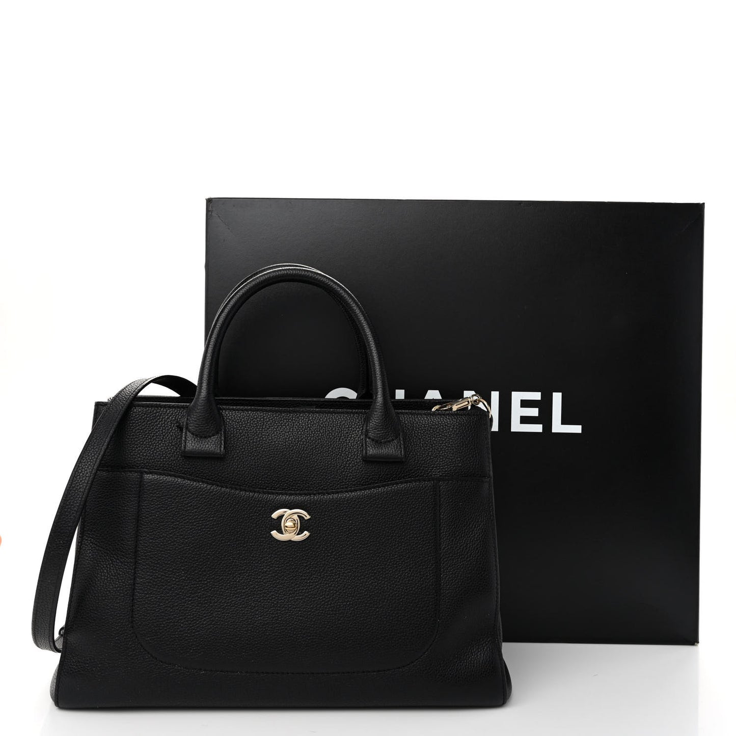 Grained Calfskin Small Neo Executive Shopper Tote Black