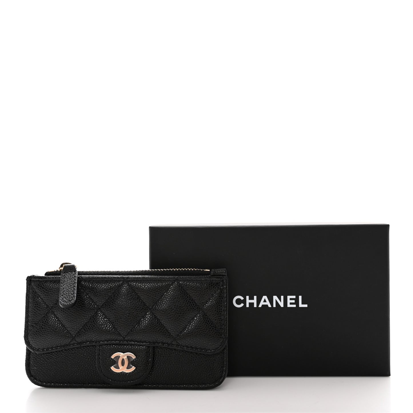 Caviar Quilted Flap Zip Card Holder Black