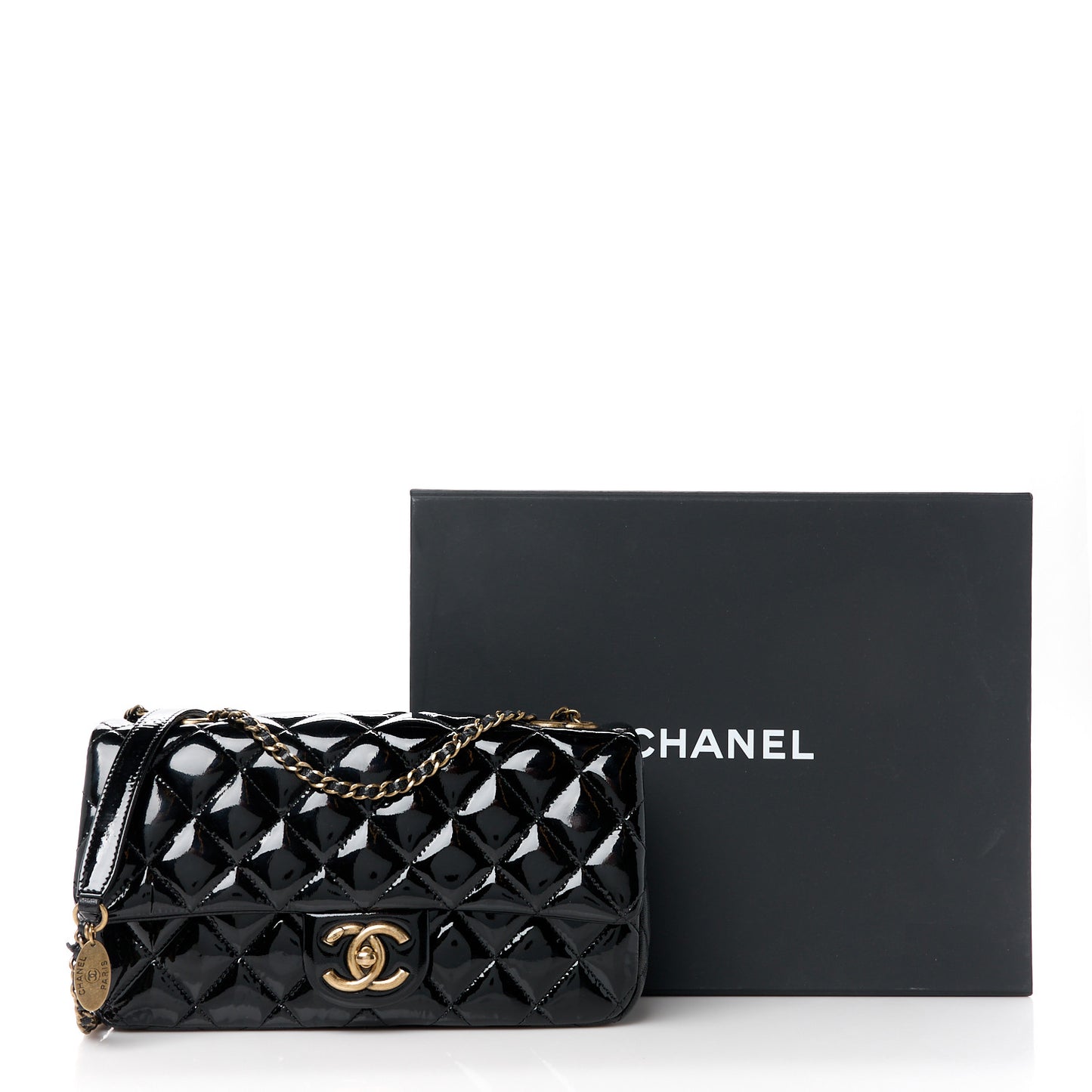 Patent Goatskin Quilted Medium CC Eyelet Flap Black