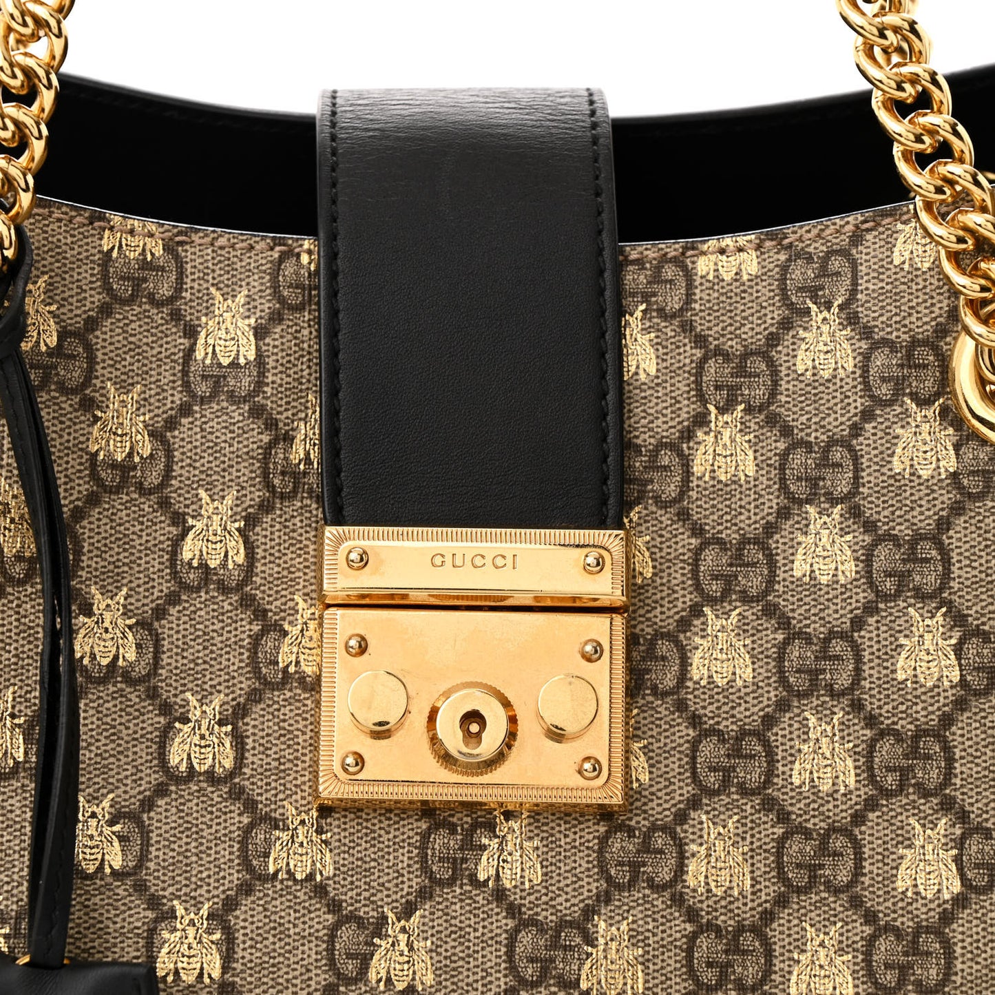 GG Supreme Monogram Bees Medium Padlock Tote Beige Oro Black