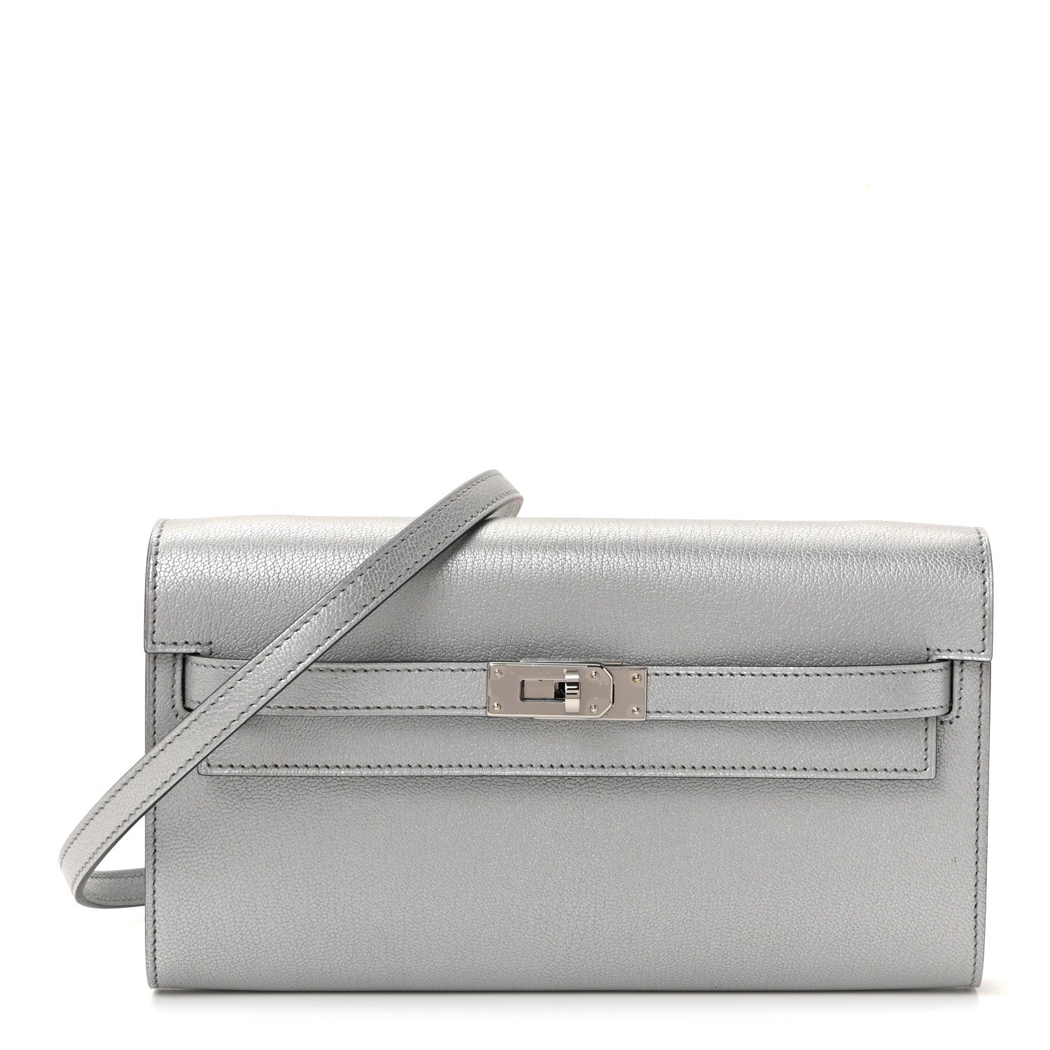 Hermes Metallic Chevre Chamkilight Kelly Wallet To Go Argent
