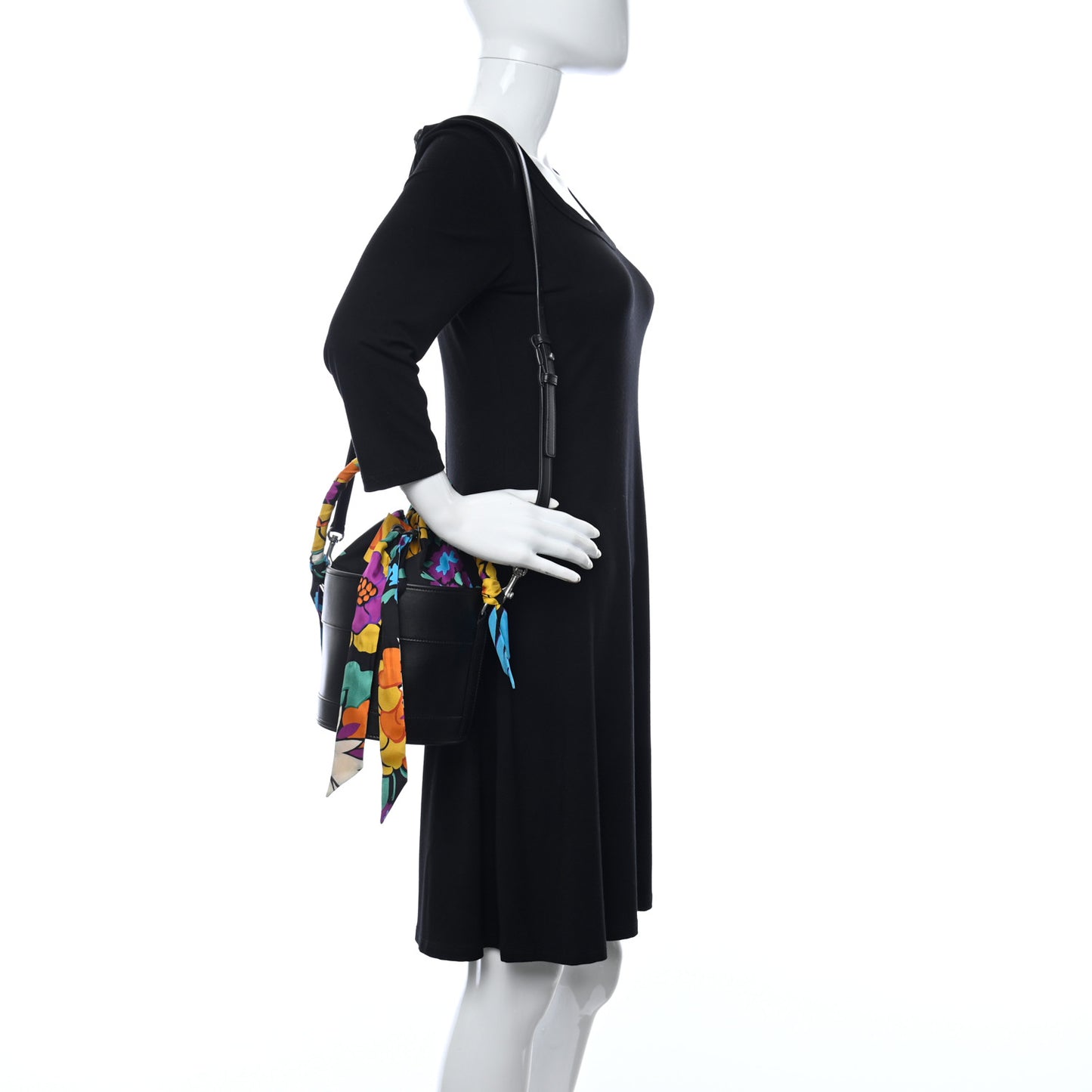 Calfskin Silk Floral Print Small Bucket Bag Black Multicolor