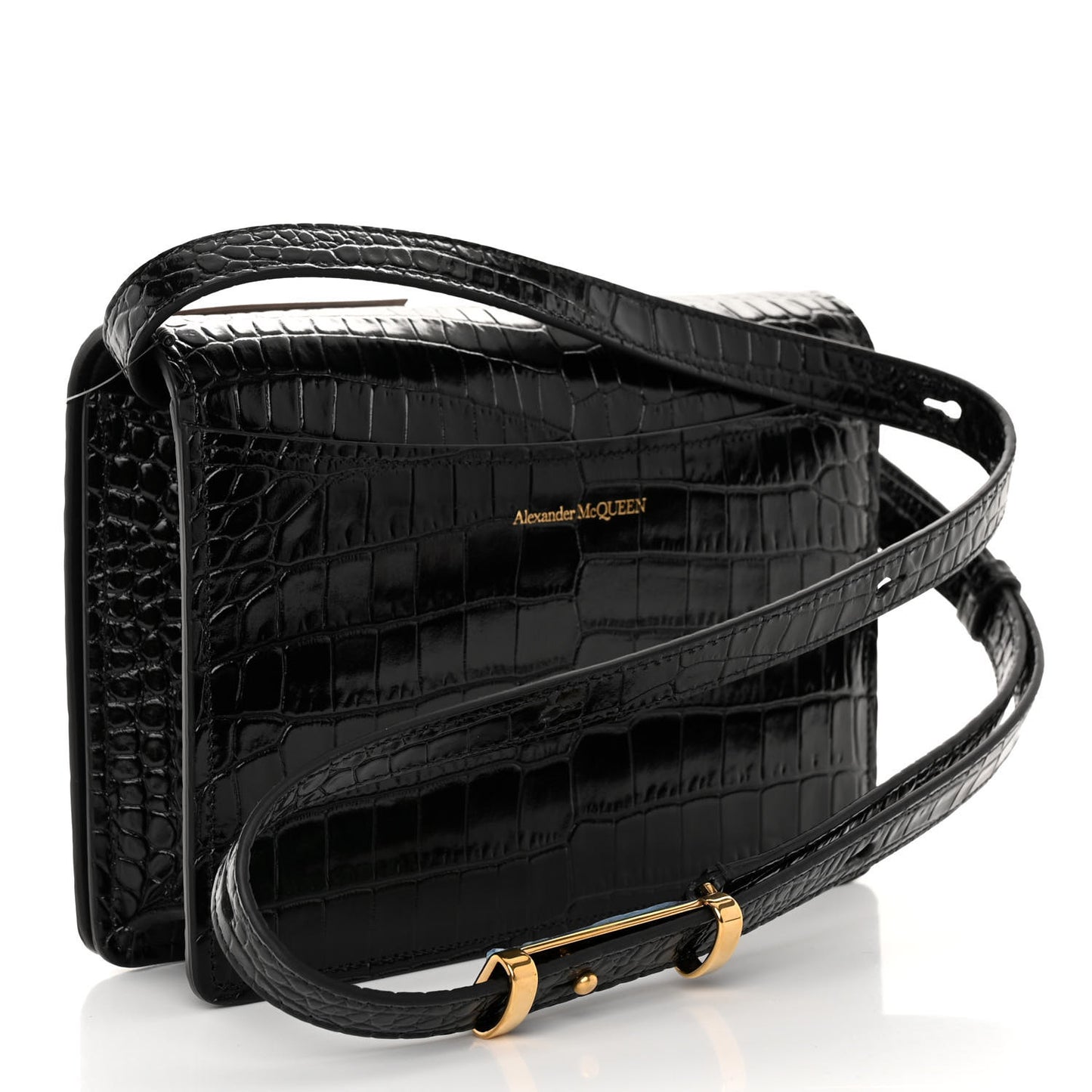 ALEXANDER MCQUEEN Calfskin Crocodile Embossed Four Ring Knuckle Crossbody Bag Black