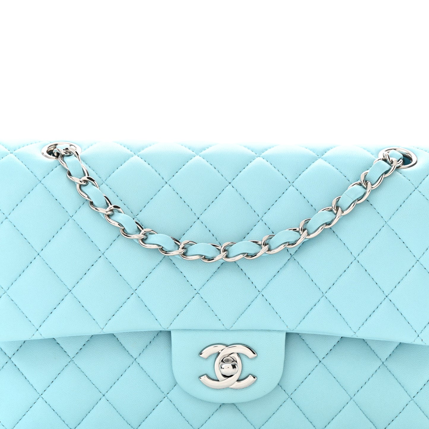 Lambskin Quilted Medium Double Flap Light Blue
