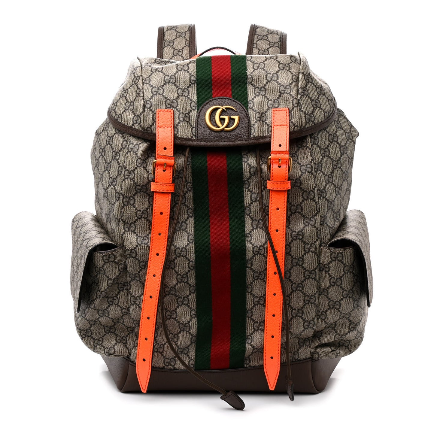 GG Supreme Monogram Medium Ophidia Double Buckle Backpack Beige Ebony Neon Orange