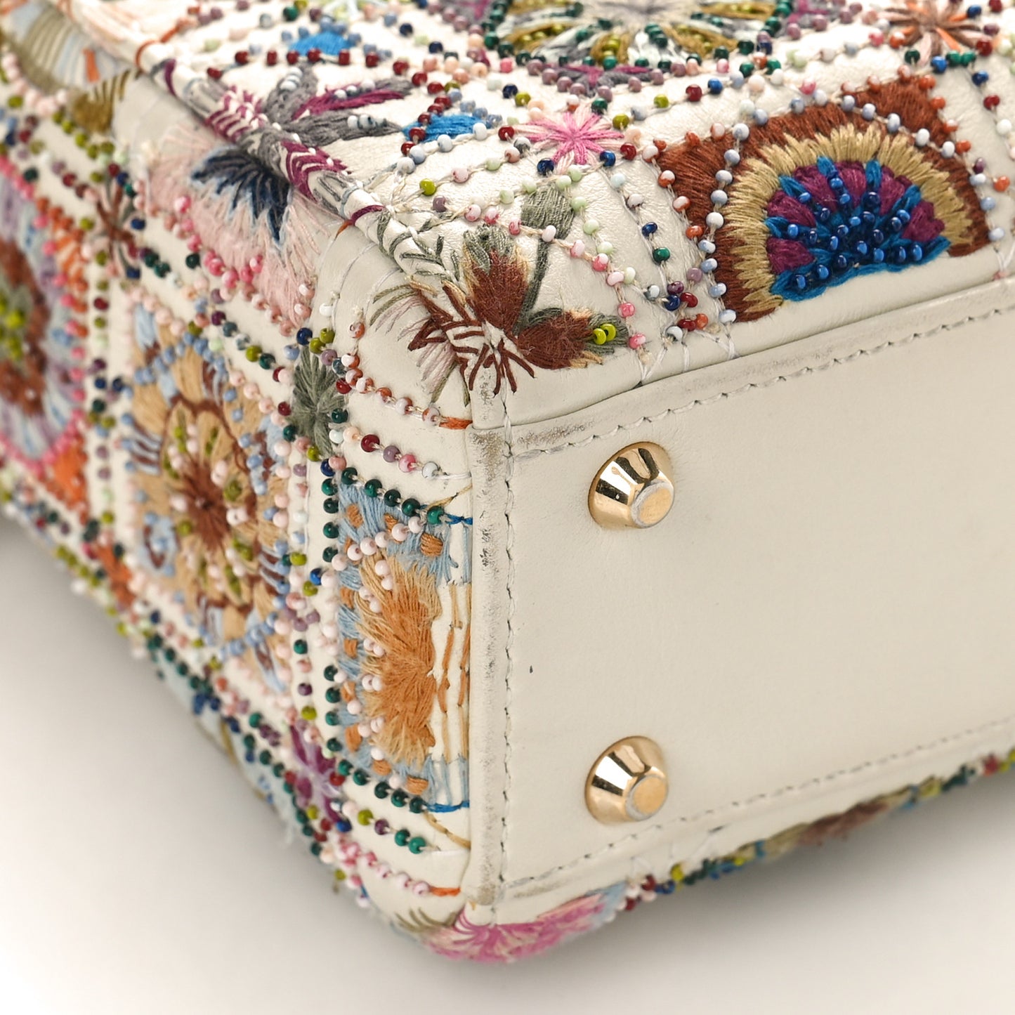 Calfskin Embroidered Beaded Geometric Cannage Mini Lady Dior White Multicolor