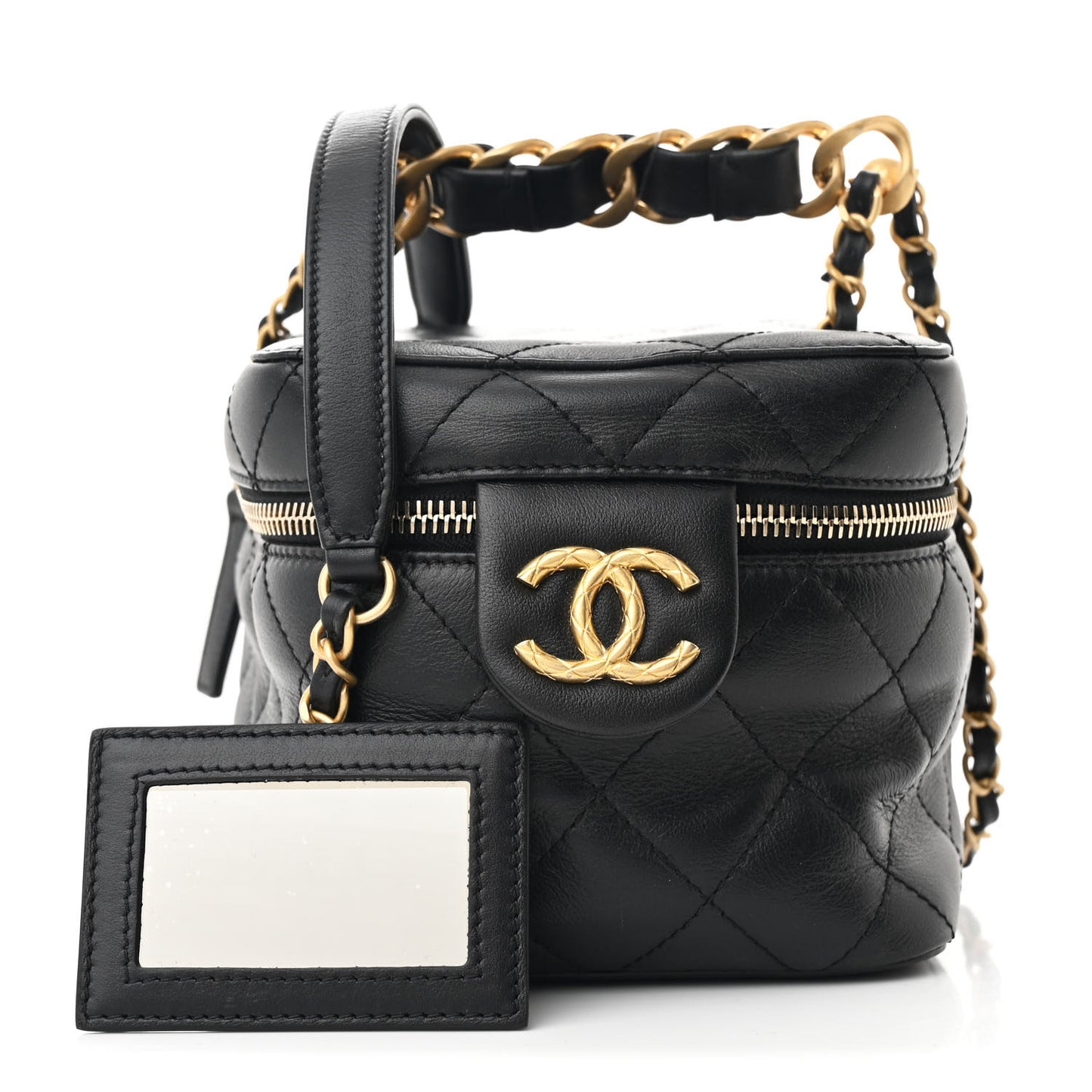 Calfskin Quilted Small Vanity Case With Chain Black