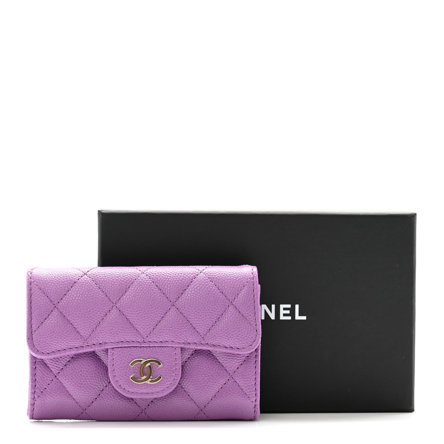 Caviar Quilted Flap Card Holder Wallet Purple