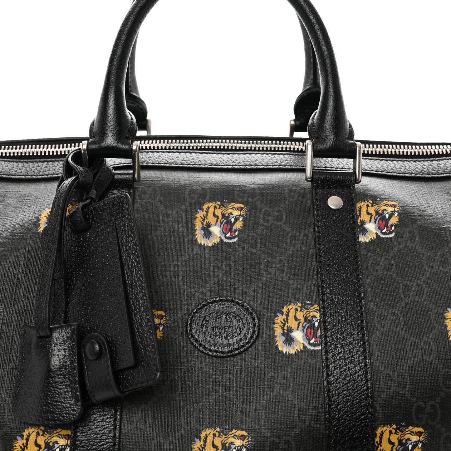 GG Supremem Monogram Tiger Face Textured Dollar Calfskin Large Retro Interlocking G Duffle Bag Black Multicolor