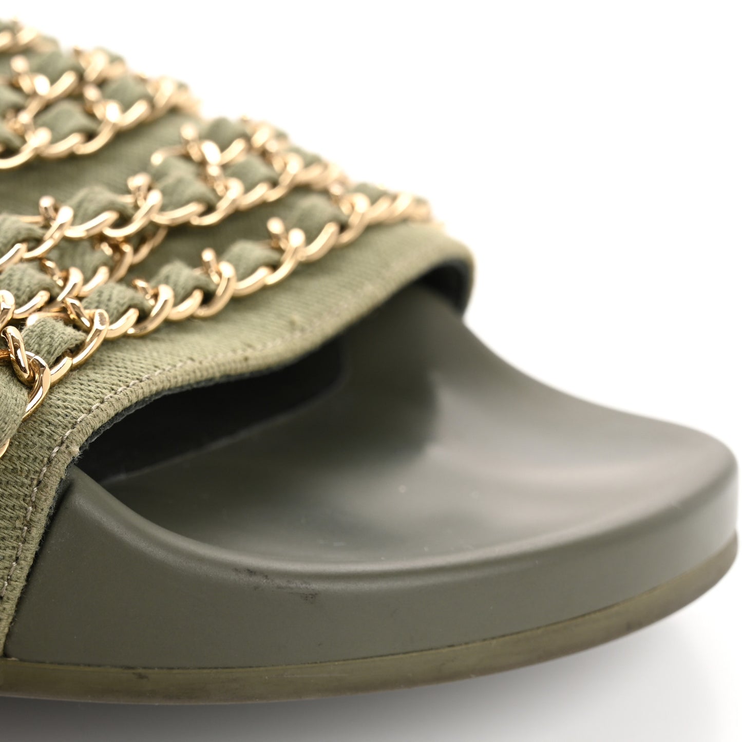 Satin Canvas Chain Slides Sandals Flats 40 Khaki