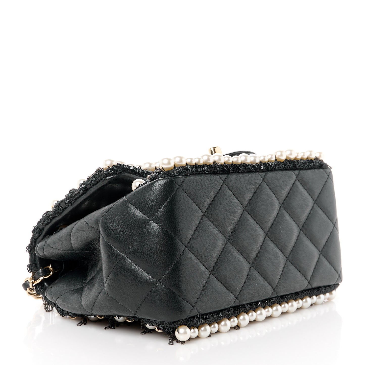 Lambskin Sequin Pearl Chain Fringe Mini Flap Black