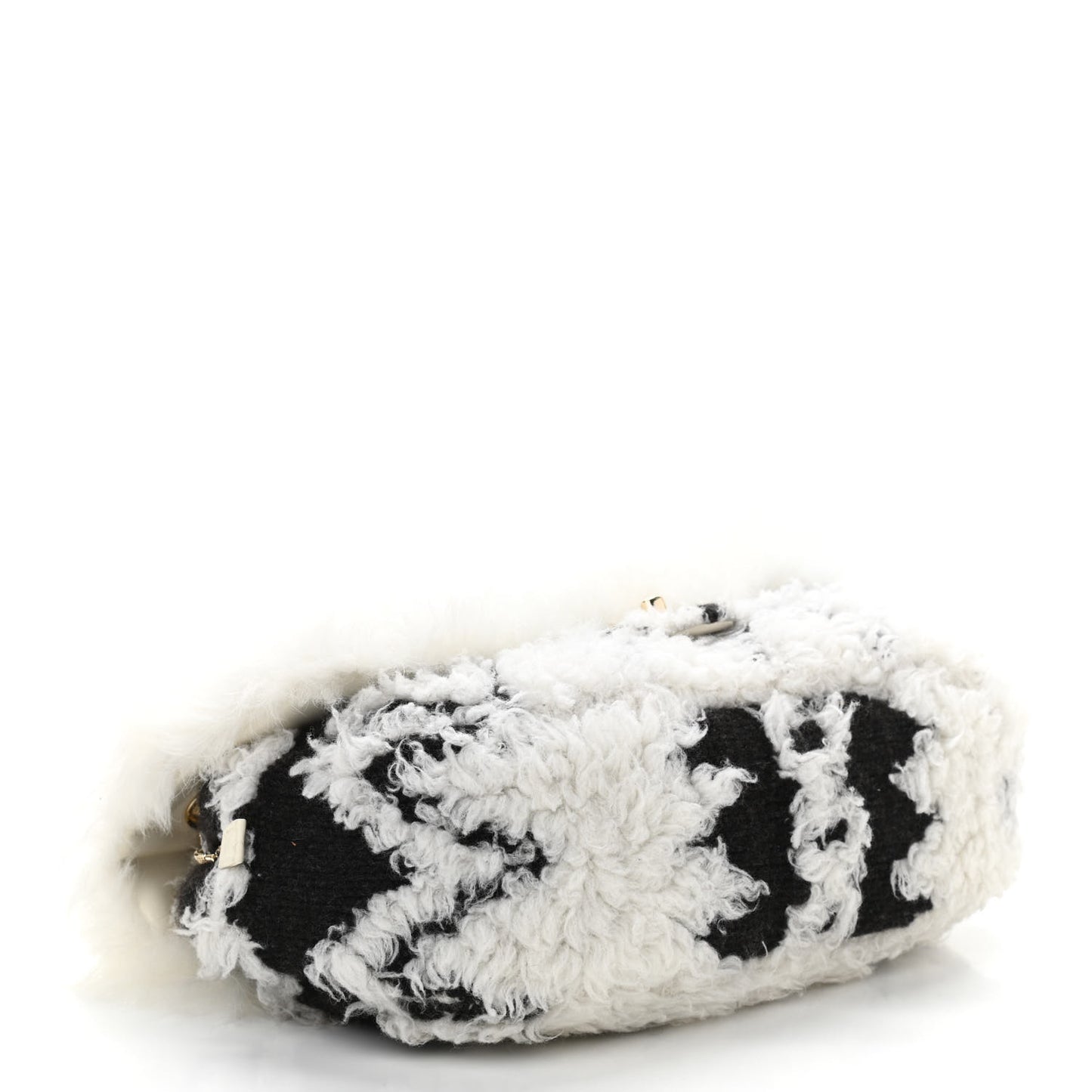 Wool Shearling Sheepskin Zip Around Flap Black Ecru