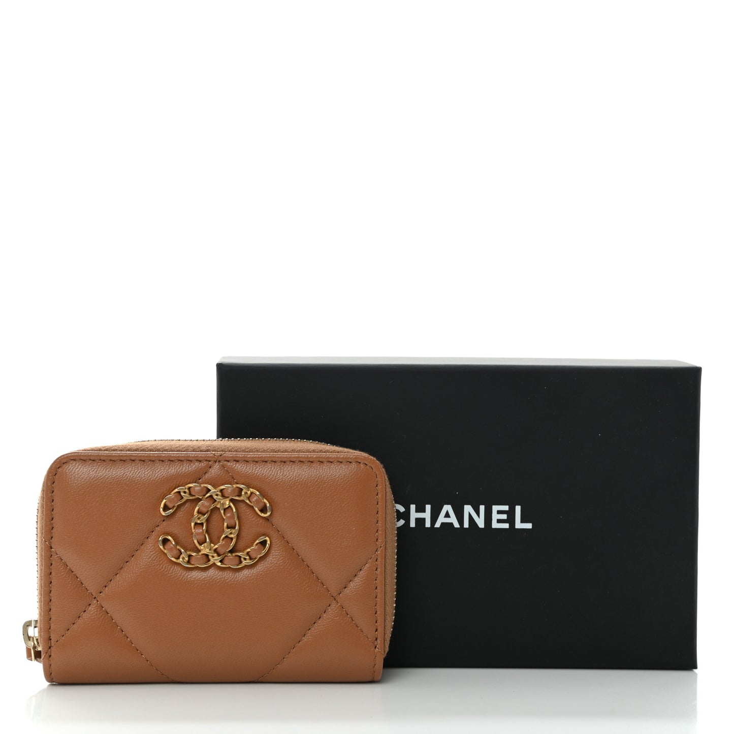 Lambskin Quilted Chanel 19 Zip Around Coin Purse Wallet Brown