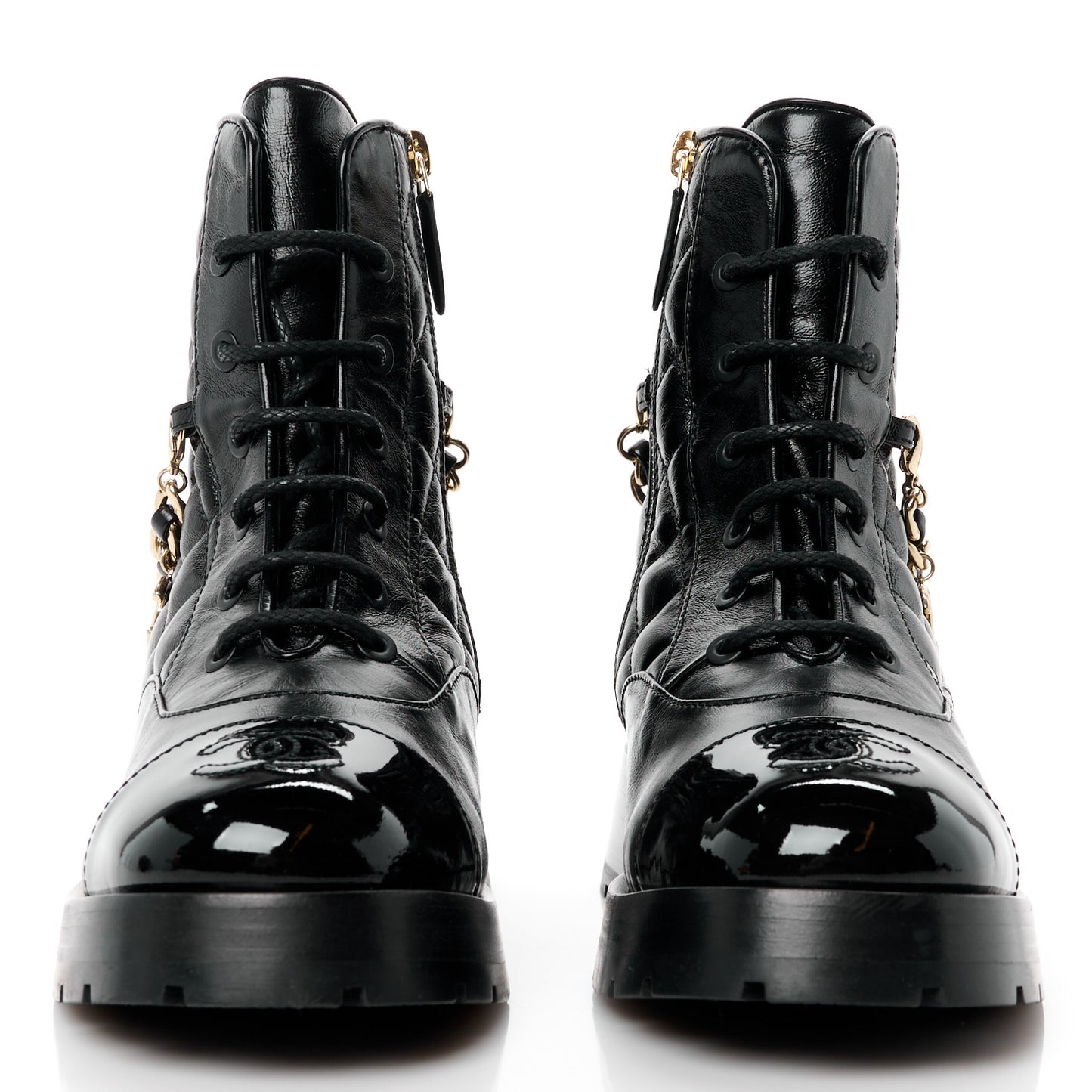 Shiny Calfskin Patent Quilted Chain Lace Up Combat Boots 35.5 Black