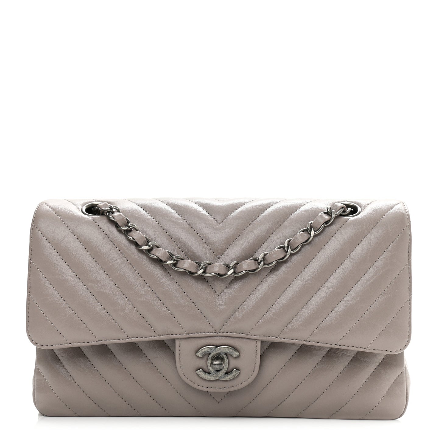 Iridescent Calfskin Chevron Quilted Medium Double Flap Grey