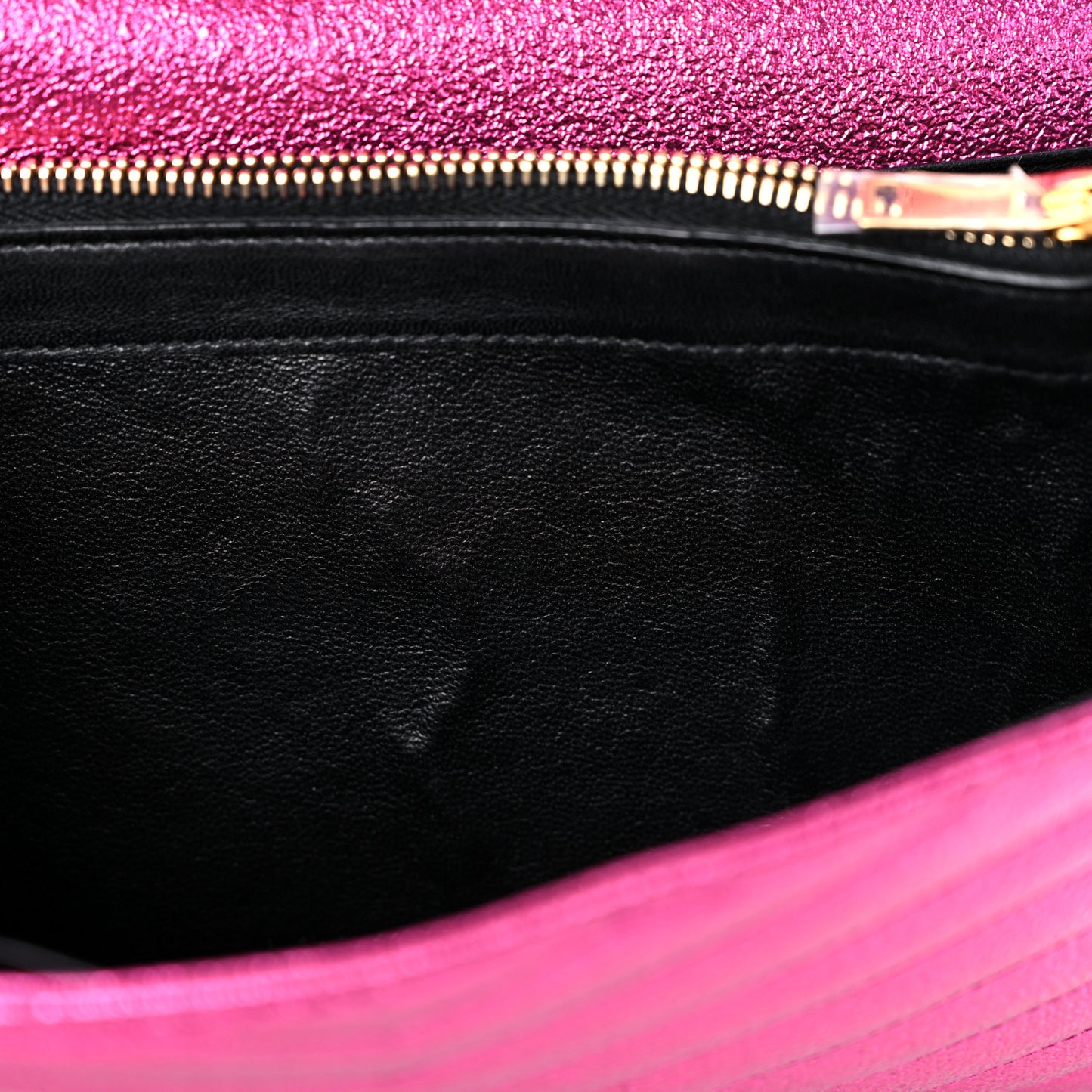 Metallic Crackled Calfskin Matelasse Chevron Monogram Chain Wallet Fuchsia