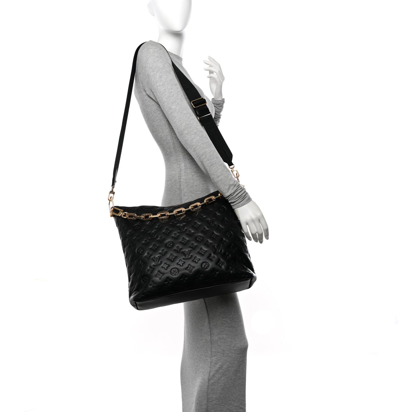 Lambskin Embossed Monogram Coussin Hobo MM Black