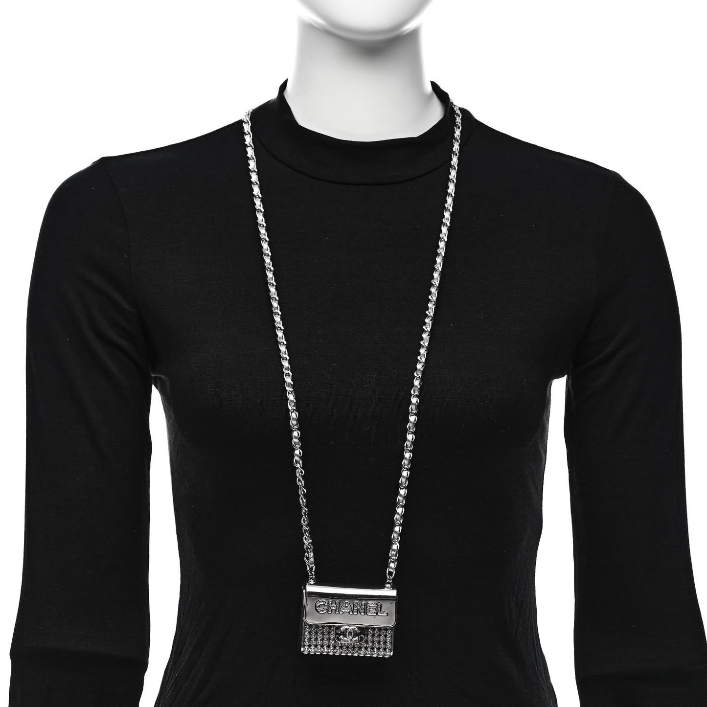 Metal Lambskin Strass Crystal Purse CC Long Necklace Silver