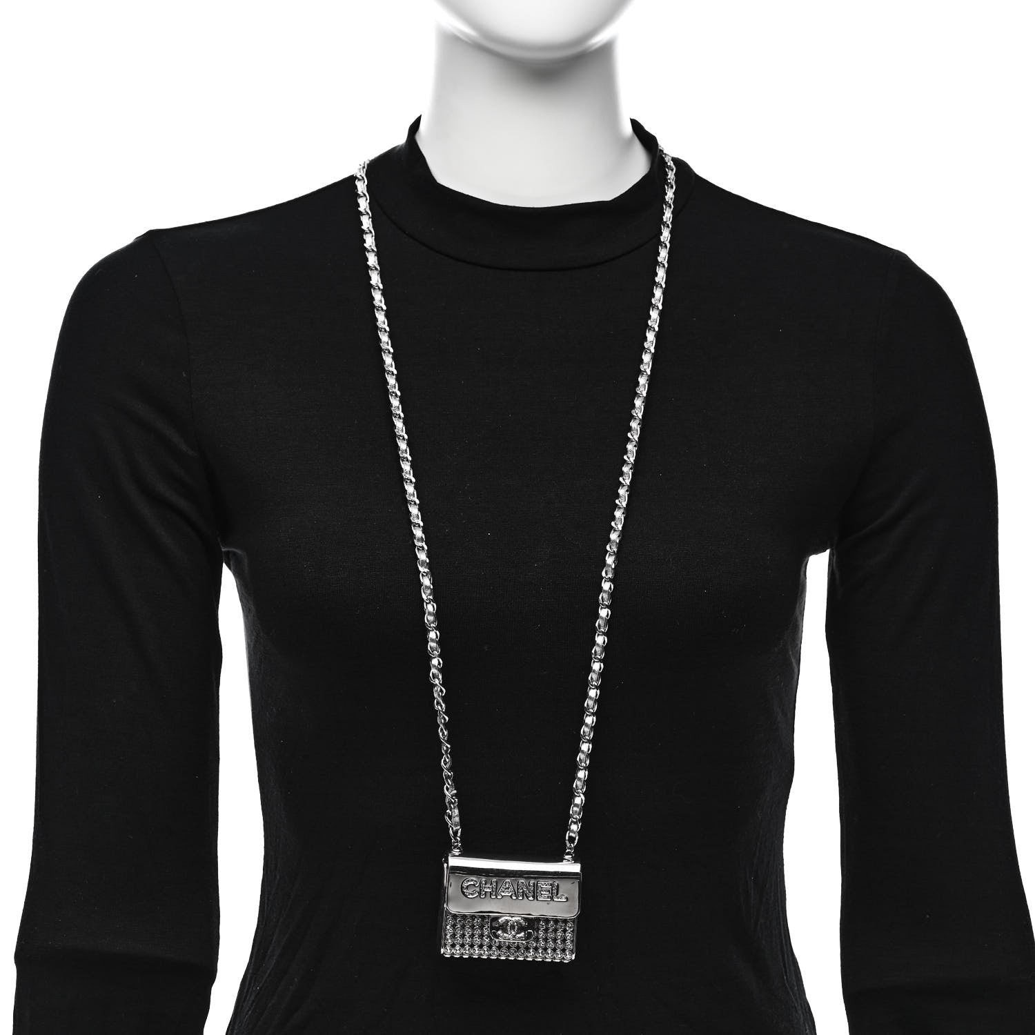 Chanel Metal Lambskin Strass Crystal Purse CC Long Necklace Silver 2 of 6