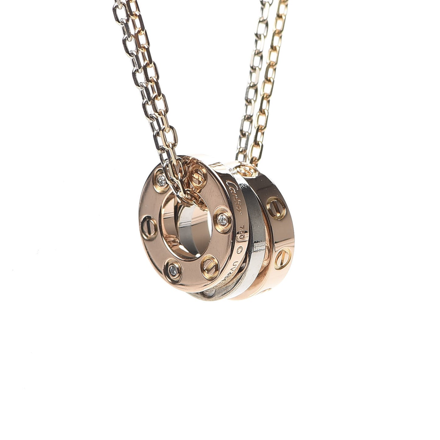 18K White Pink Gold Diamond Three Ring LOVE Pendant Necklace