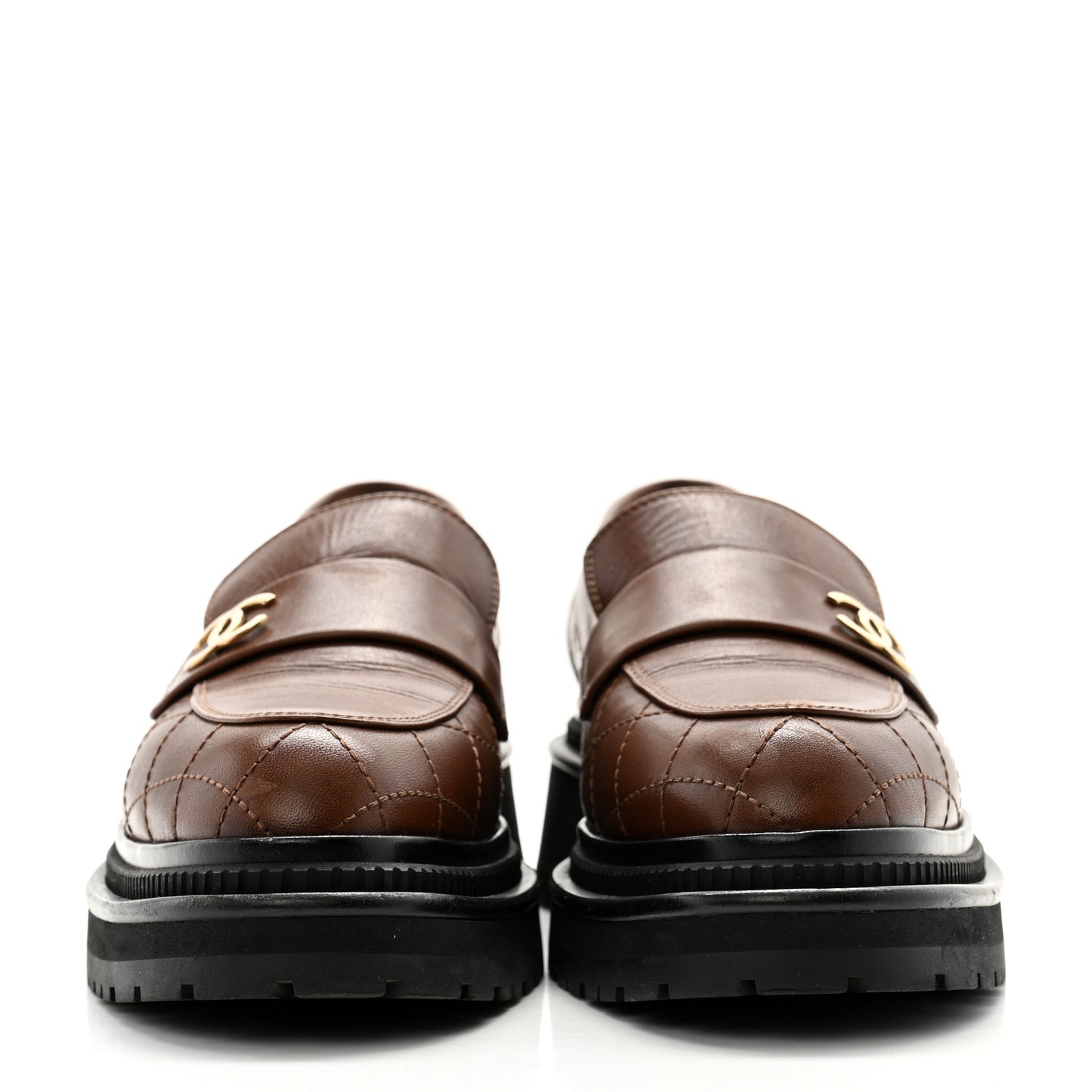 Calfskin Quilted CC Mocassin Loafers 38.5 Brown