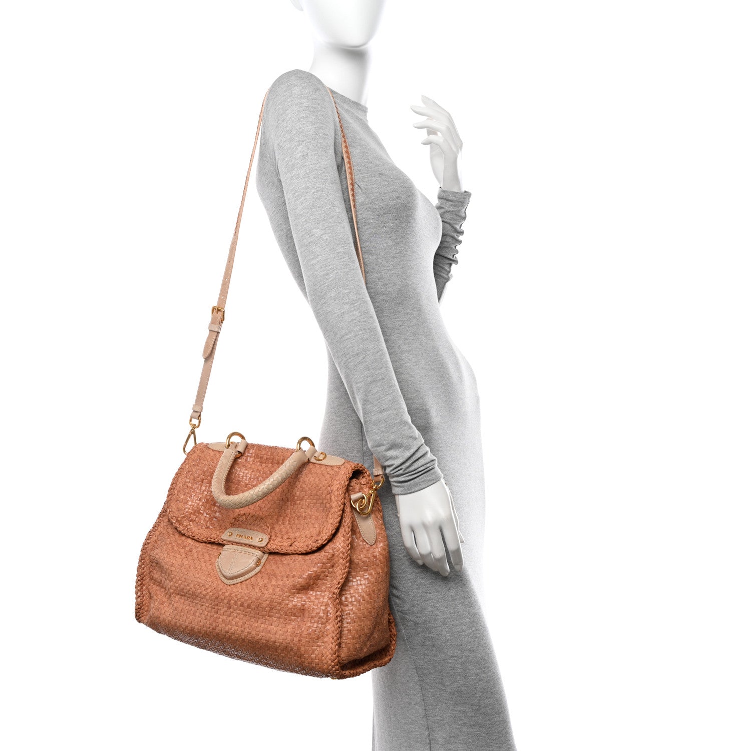 Prada Madras Woven Top Handle Satchel Beige 2 of 17