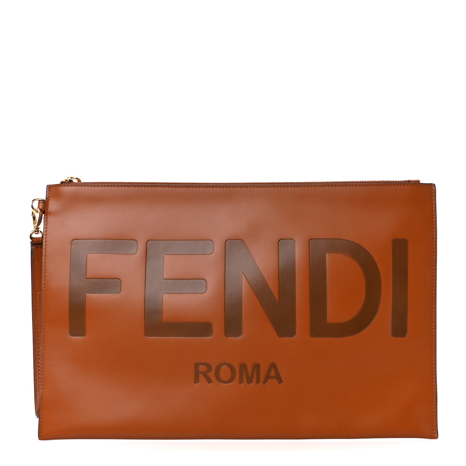 Fendi Vitello King Logo Embossed Large Flat Pouch Cuoio 1705718