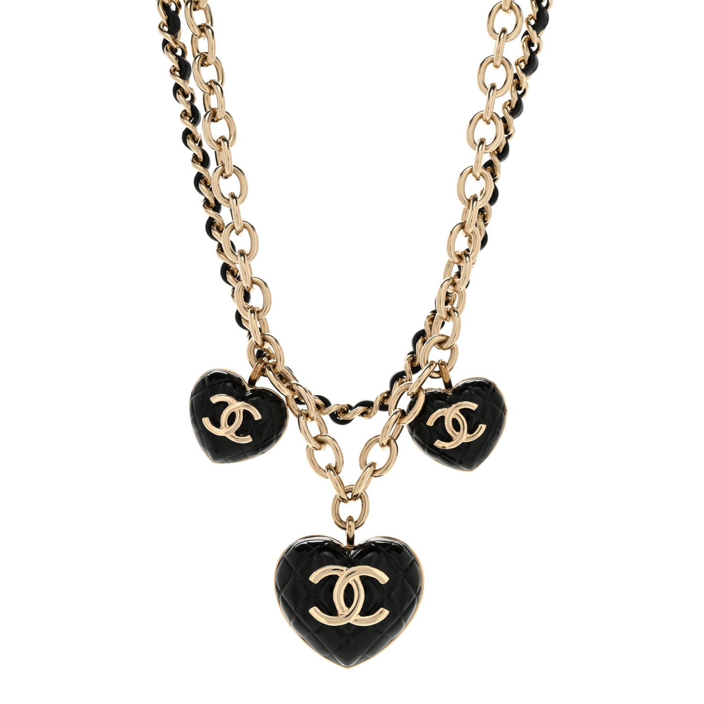 Metal Lambskin Resin Quilted CC Heart Necklace Black Gold