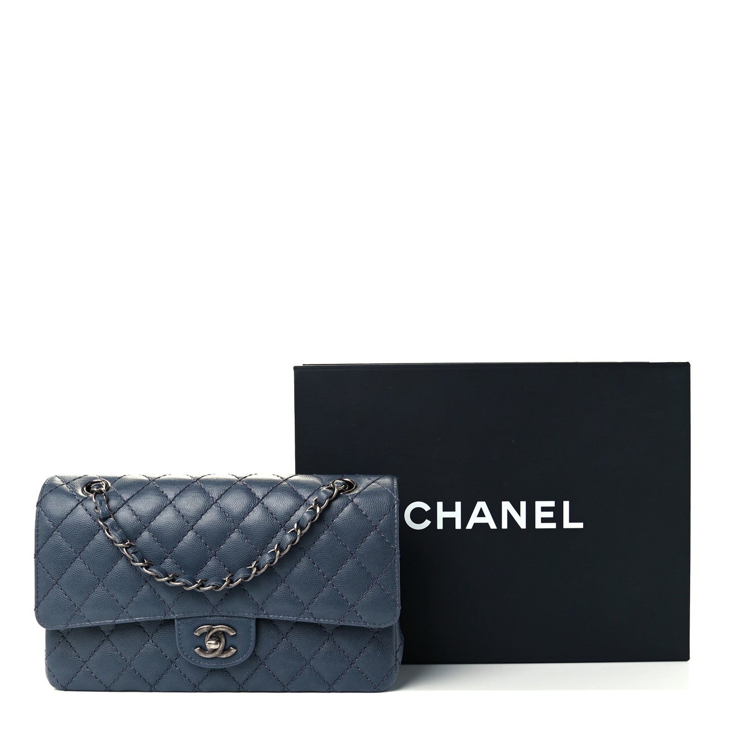 Caviar Quilted Medium Double Flap Grey