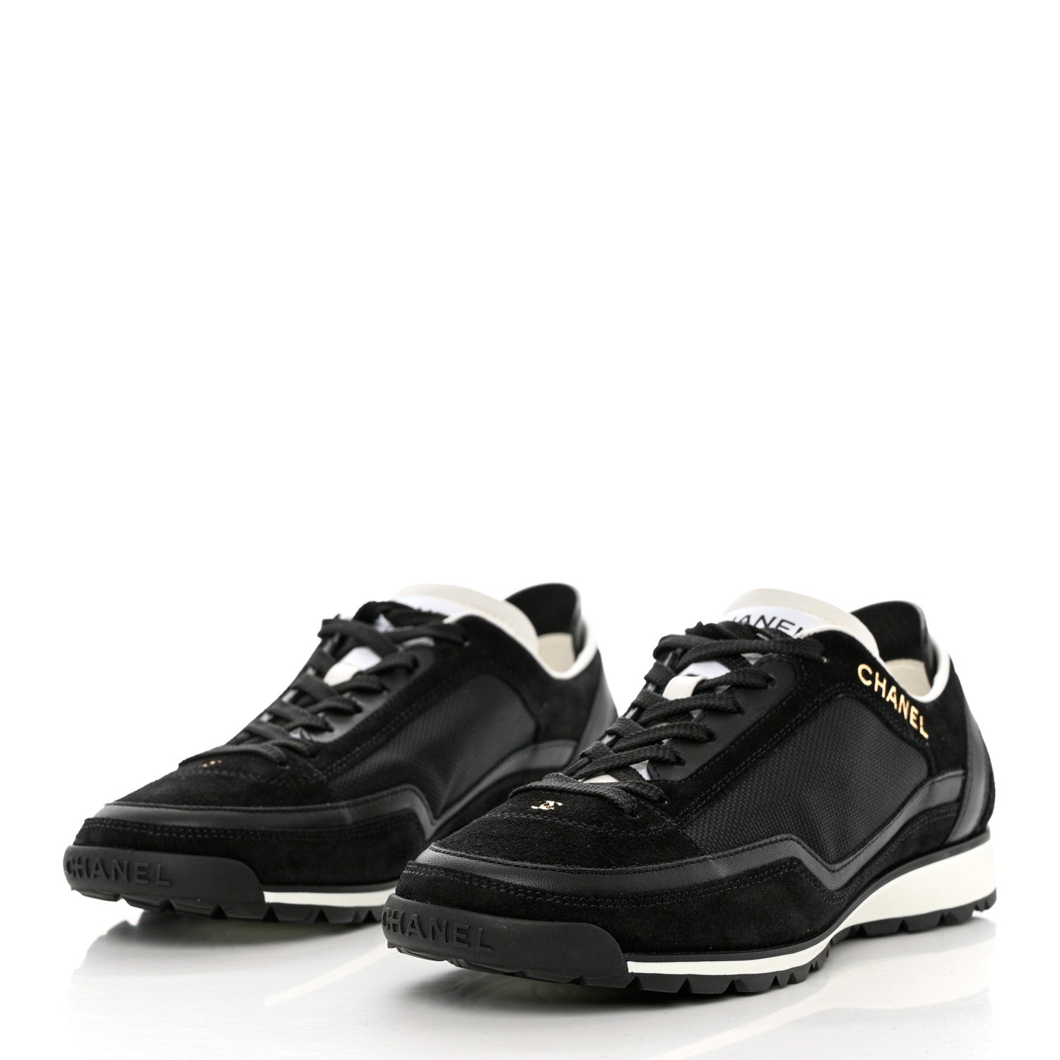 Chanel Suede Calfskin Fabric CC Sneakers 37 Black White 3 of 10