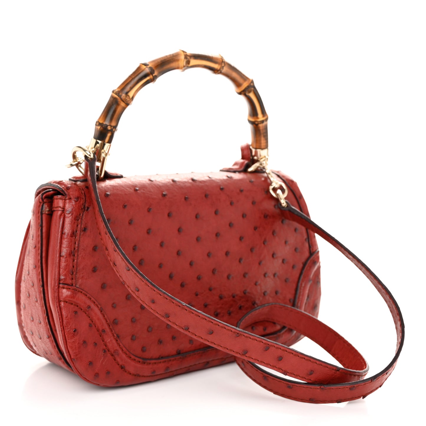 Ostrich Medium New Bamboo Top Handle Bag Red