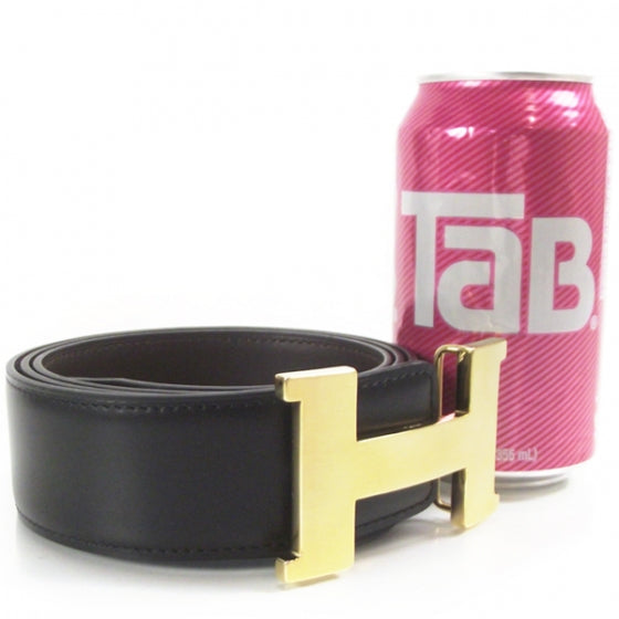 Leather Mens Belt w/ Gold H Buckle Black
