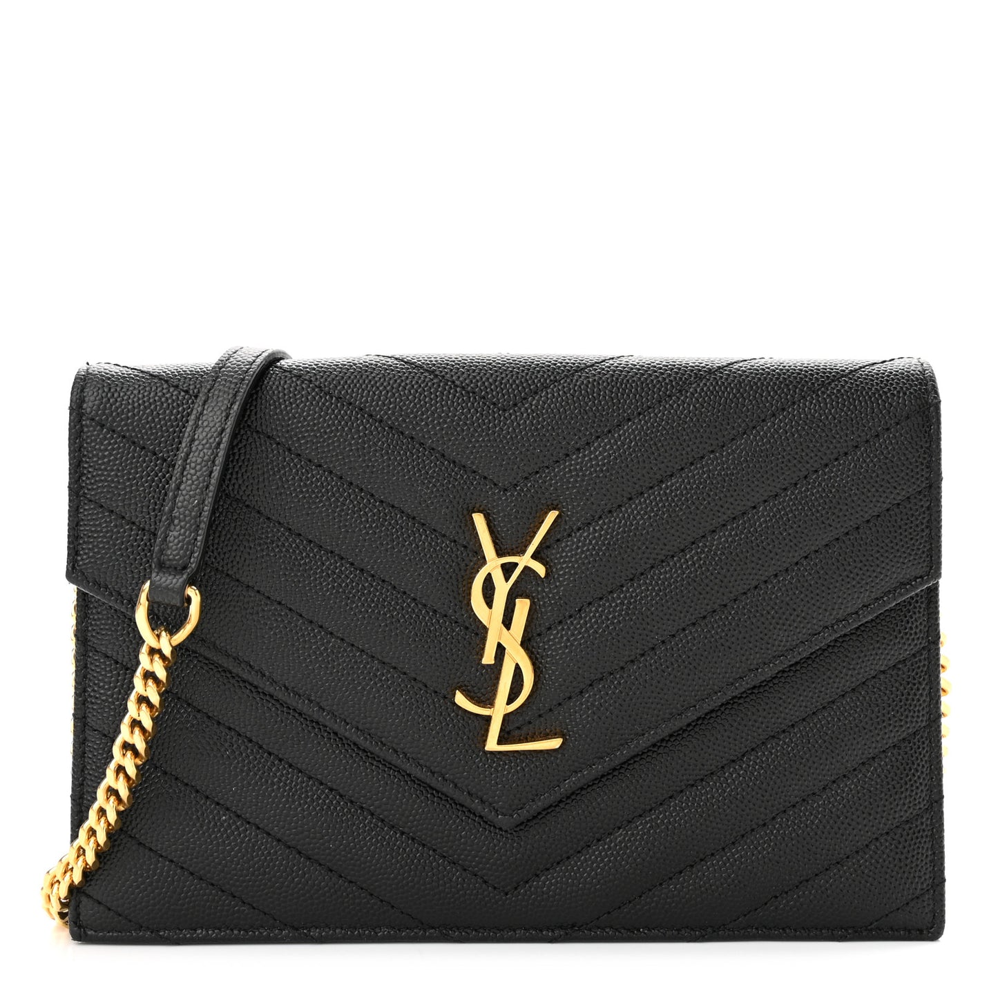 Grain De Poudre Matelasse Chevron Monogram Envelope Chain Wallet Black